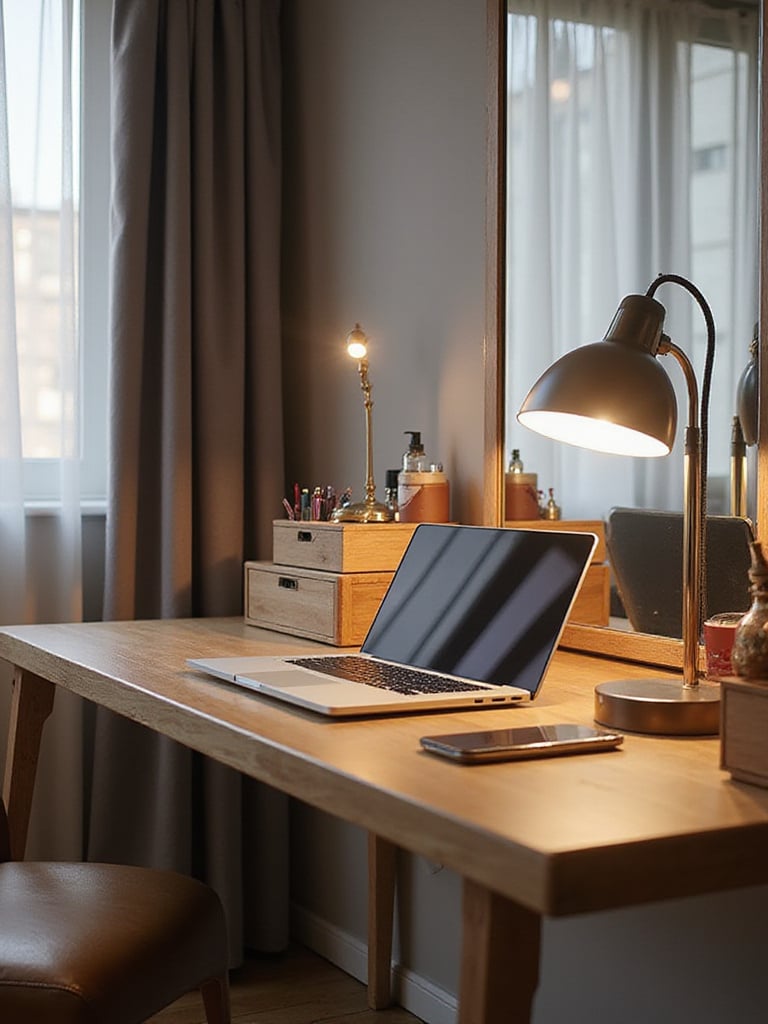 Stylish bedroom with a functional desk and vanity setup for productivity