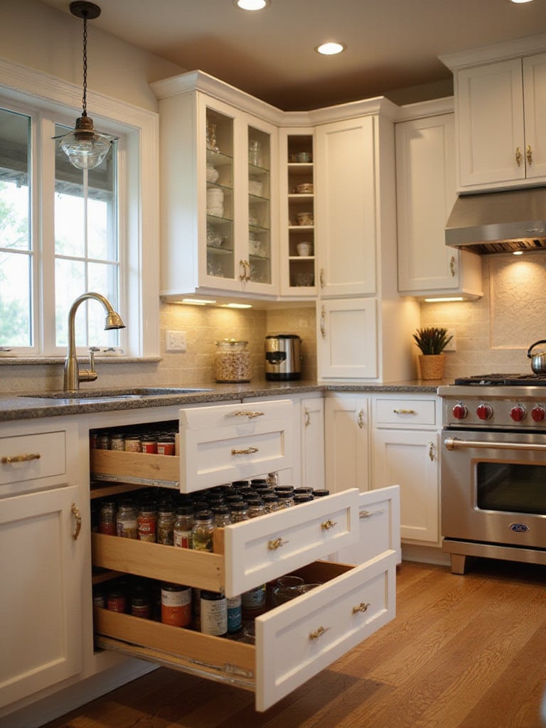 Luxurious kitchen with clever storage solutions, featuring custom cabinetry and pull-out pantry systems.