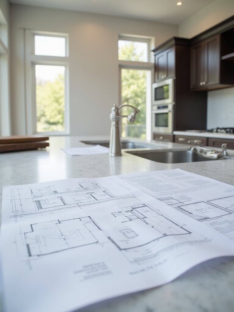 Detailed architectural plans on a countertop in a luxury kitchen renovation site