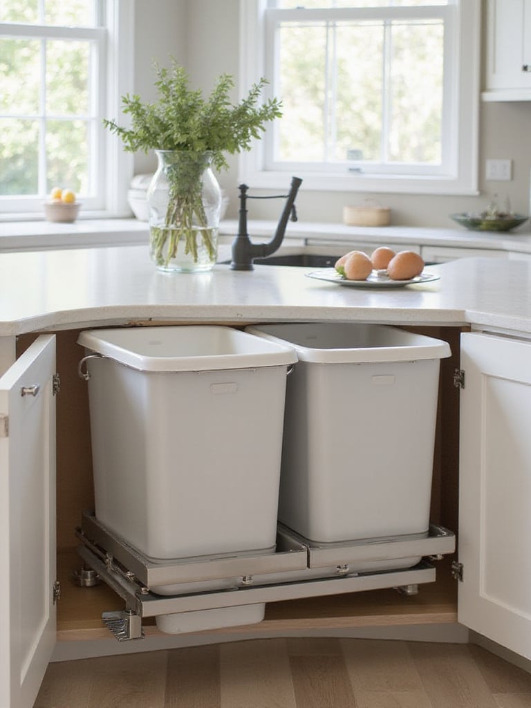 Modern kitchen island with pull-out waste and recycling bins integrated into cabinetry.