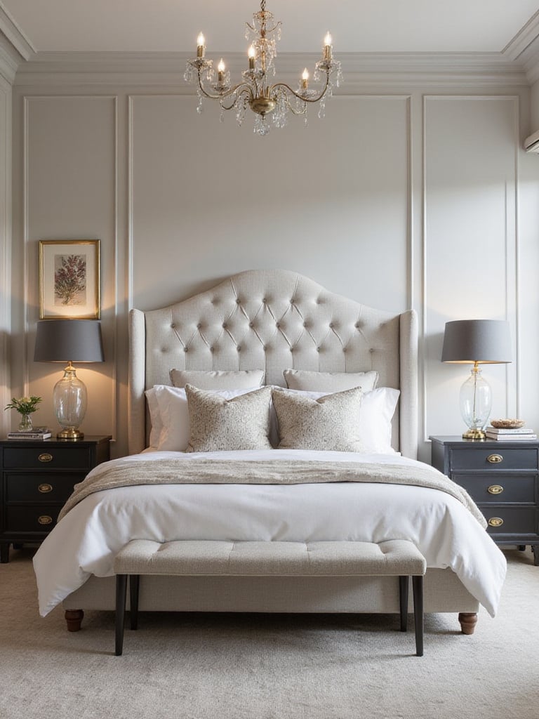 Elegant bedroom showcasing a modern upholstered bed frame as the focal point