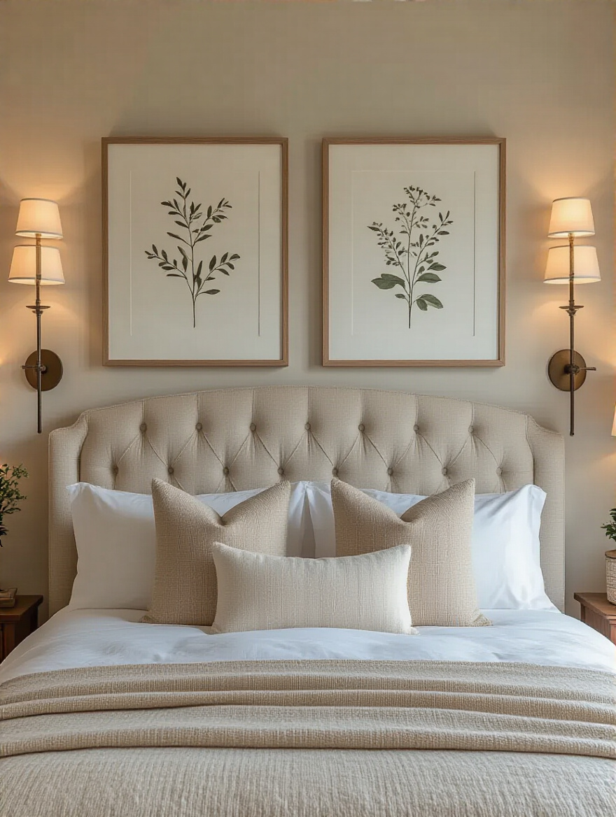 Symmetrical arrangements in a bedroom wall decor with upholstered headboard and matching framed art.