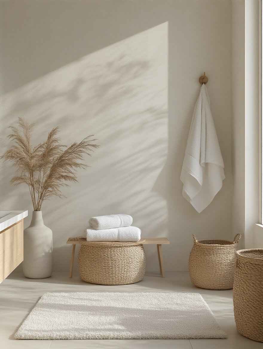 Minimalist bathroom interior with neutral white, gray, and beige tones creating a calm and spacious atmosphere