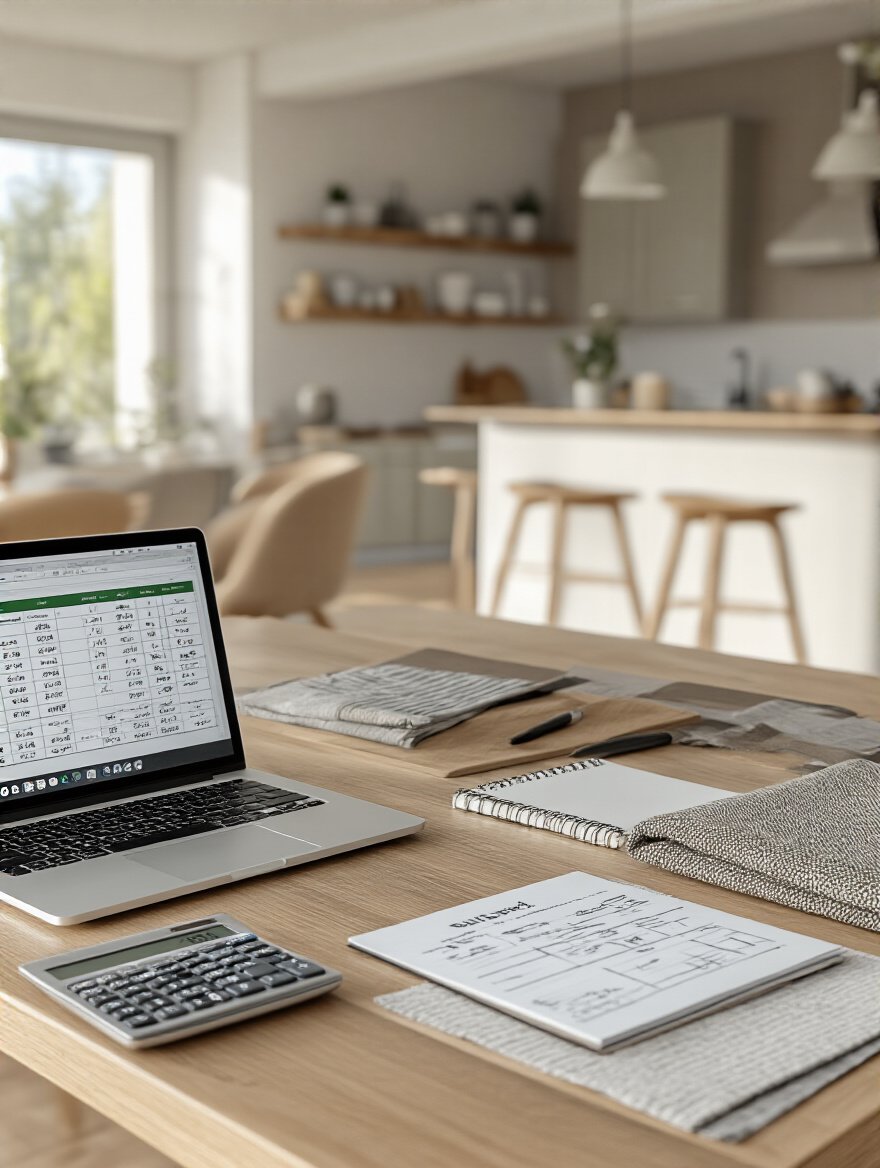 Budget planning setup for kitchen furniture with laptop, calculator, and material samples on a wooden table in a modern kitchen