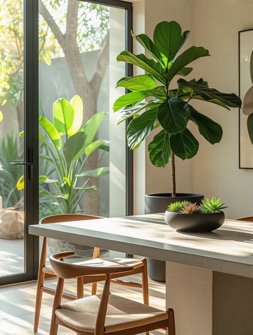 Modern dining room with large Fiddle Leaf Fig and succulent displays in natural daylight