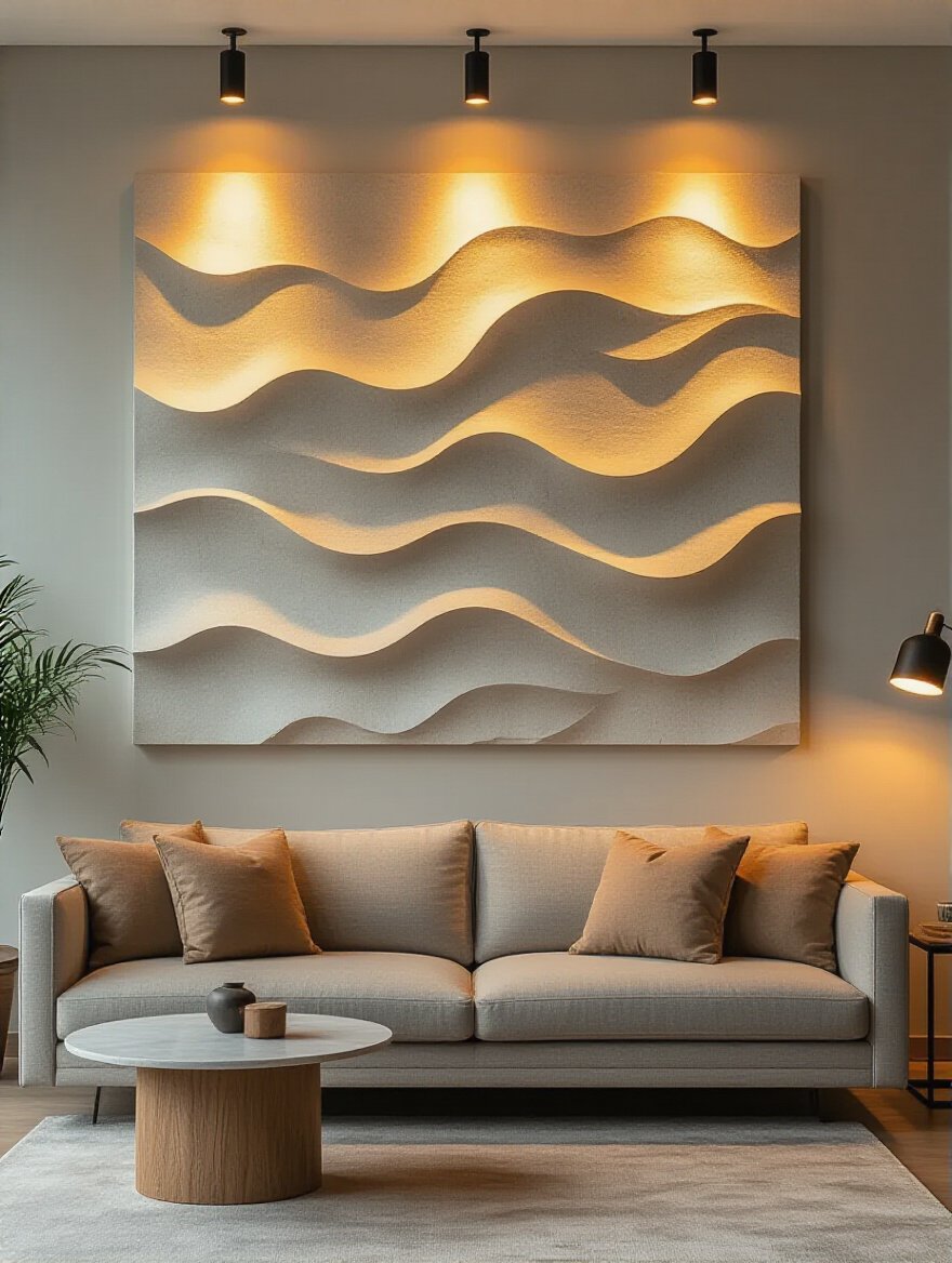Modern living room portrait showing layered wall art illuminated by warm picture lights creating depth and personality