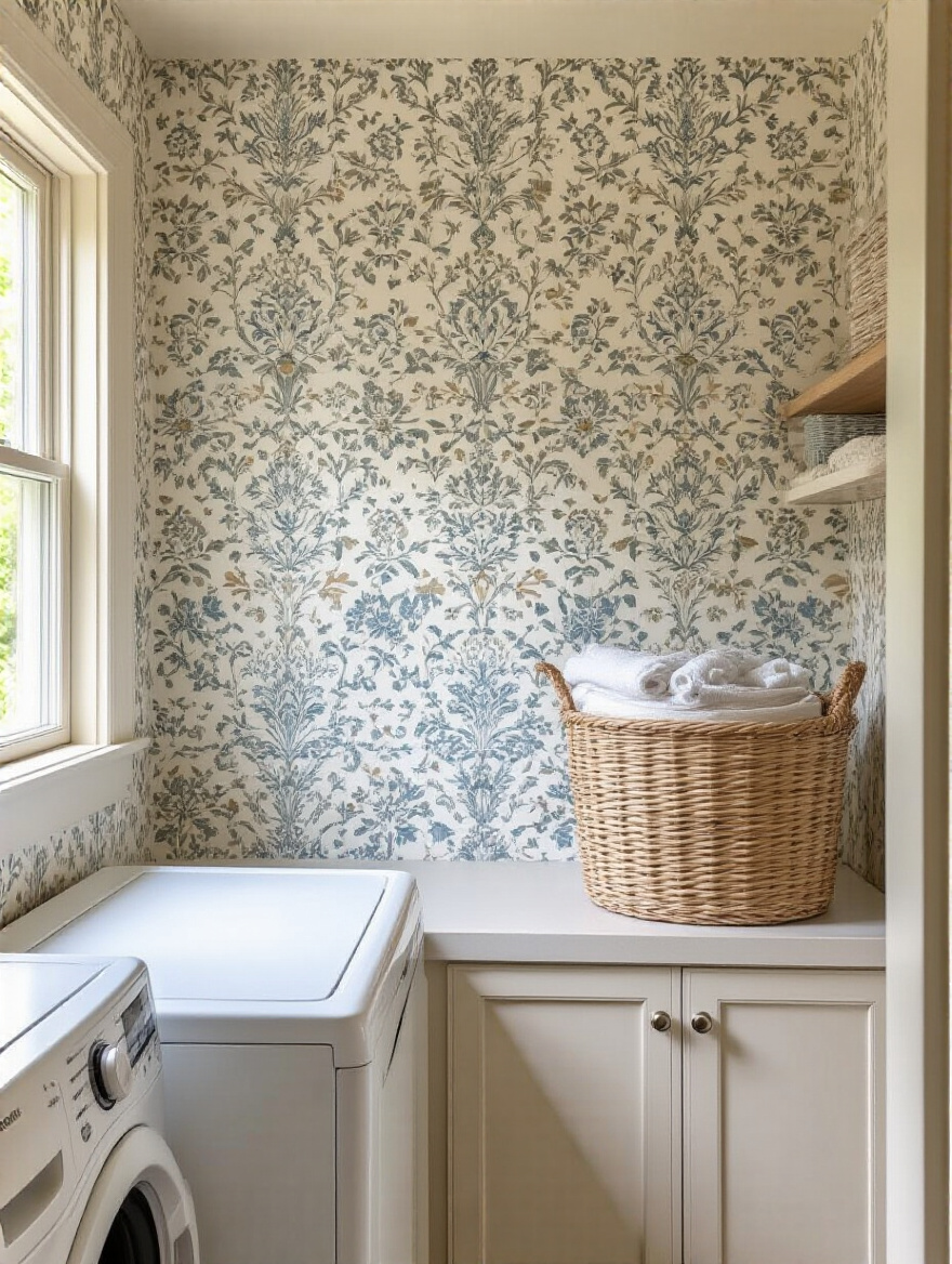 Laundry room wall with small busy patterned wallpaper concealing minor scuffs and smudges in a well-lit professional setting