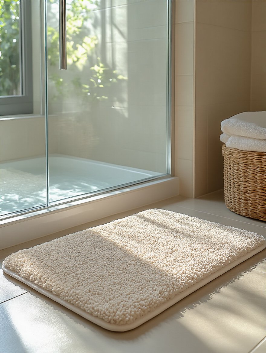 Soft plush bath mat placed outside glass shower in modern bathroom with natural lighting