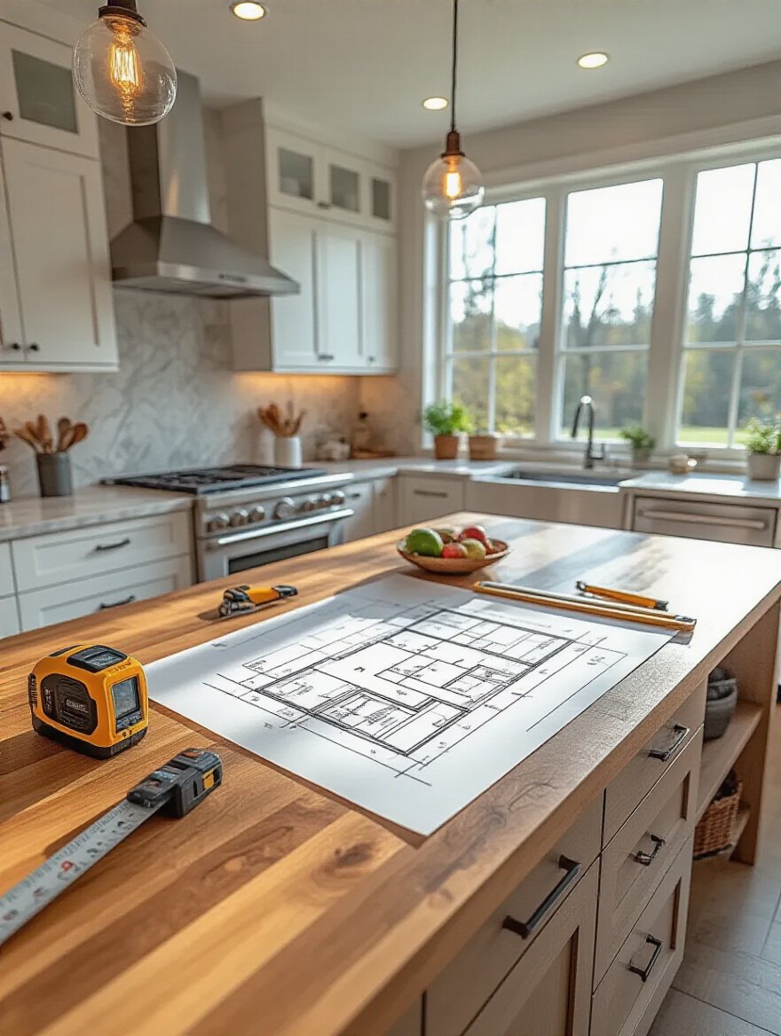 Detailed kitchen floor plan sketch with laser measure and tape measure on kitchen island, showcasing precise space measurement for furniture fit