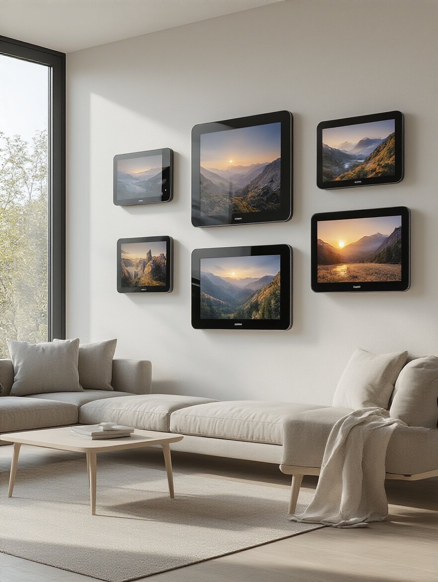 Modern living room wall with multiple digital photo frames displaying vibrant images in an interactive gallery setup