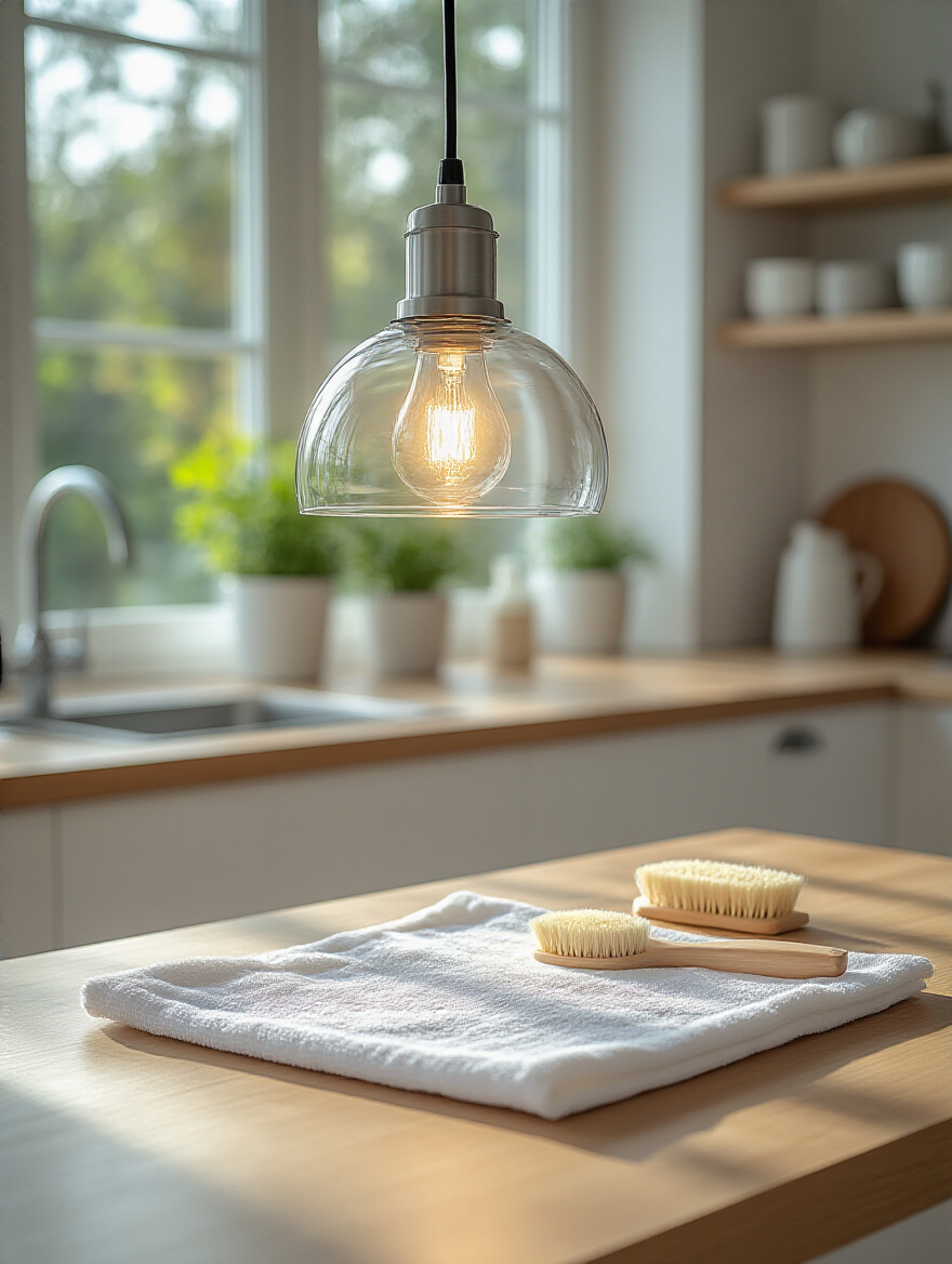 Close-up portrait of a modern kitchen pendant light fixture partially disassembled for cleaning on wooden countertop with microfiber cloth and soft brush