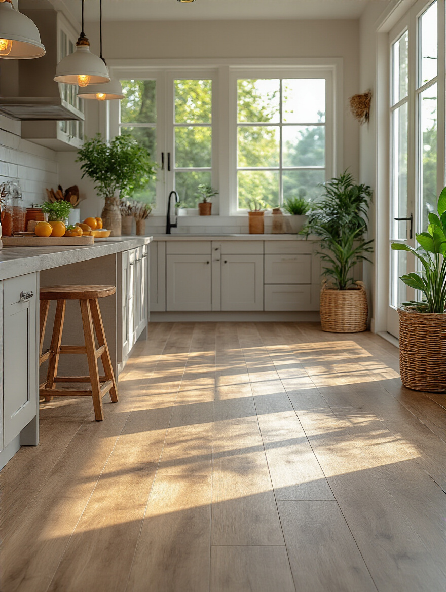 Modern kitchen with new durable luxury vinyl plank and porcelain tile flooring in bright natural light