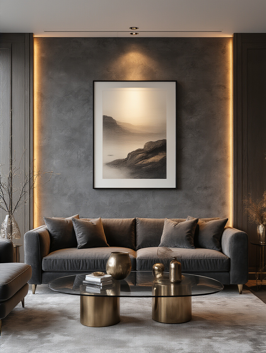 Luxurious living room with artwork highlighted by dedicated accent lighting and warm ambient glow
