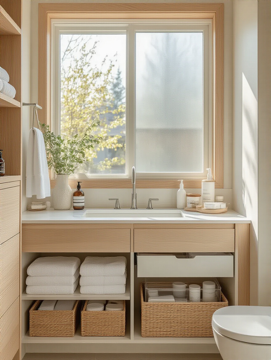 Organized bathroom vanity with clear organizers and neatly folded towels