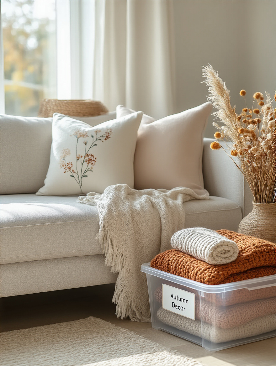 Living room decor with neutral sofa, spring-themed pillows and throw, and a clear storage bin labeled 'Autumn Decor' showing seasonal swap concept.