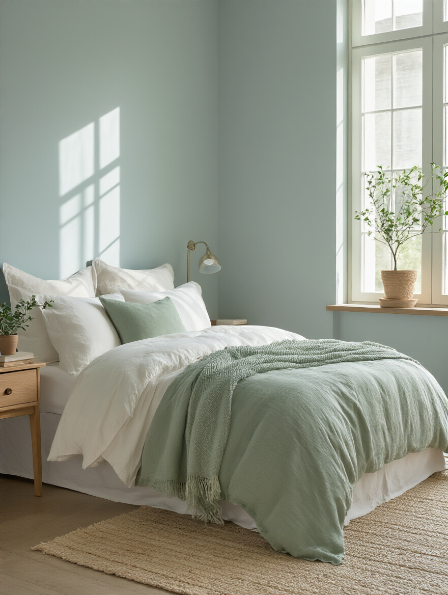 Calm bedroom with soft blue-gray walls and sage linens