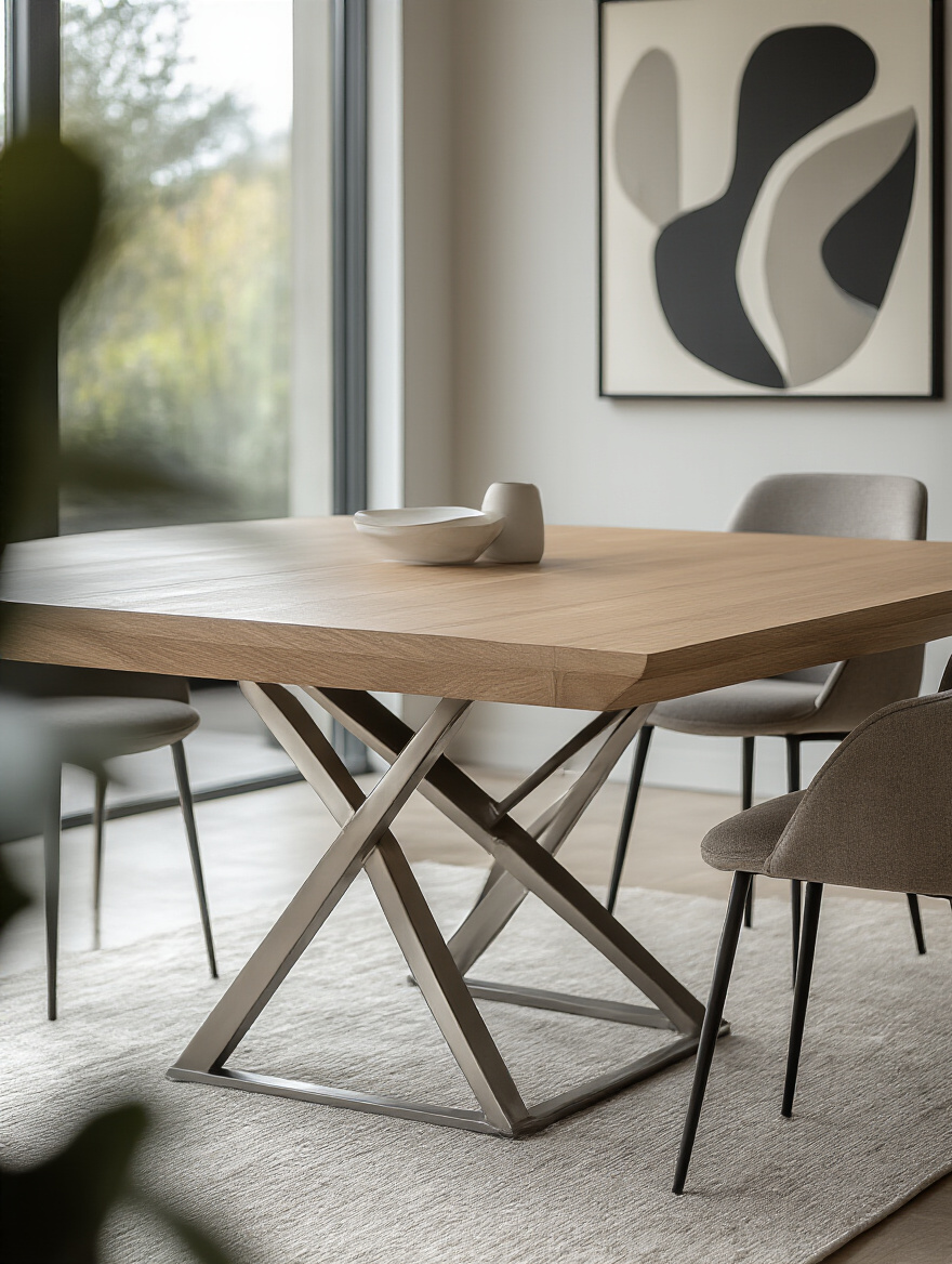 A sleek contemporary dining table with a light wood top and geometric metal base, set in a modern, minimalist dining room, illuminated by soft natural light. No people.