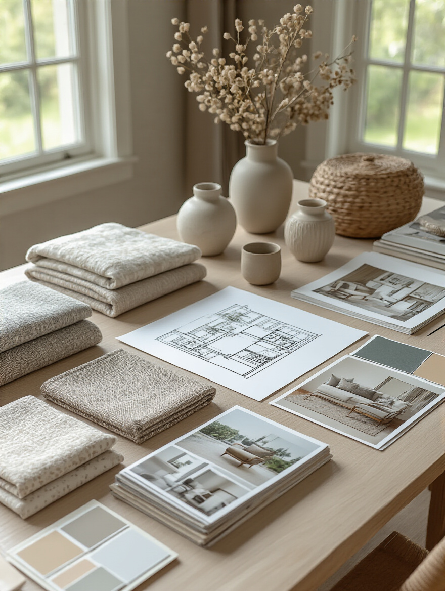 A curated collection of fabric swatches, paint chips, and decor inspiration for a living room mood board, symbolizing the creation of a personal style vision.