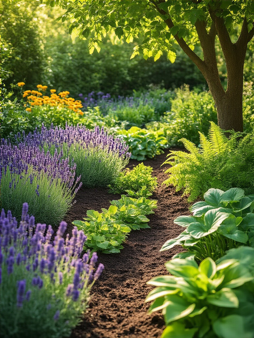 A beautiful backyard garden demonstrating plant groupings based on light and moisture requirements for sustainable design.