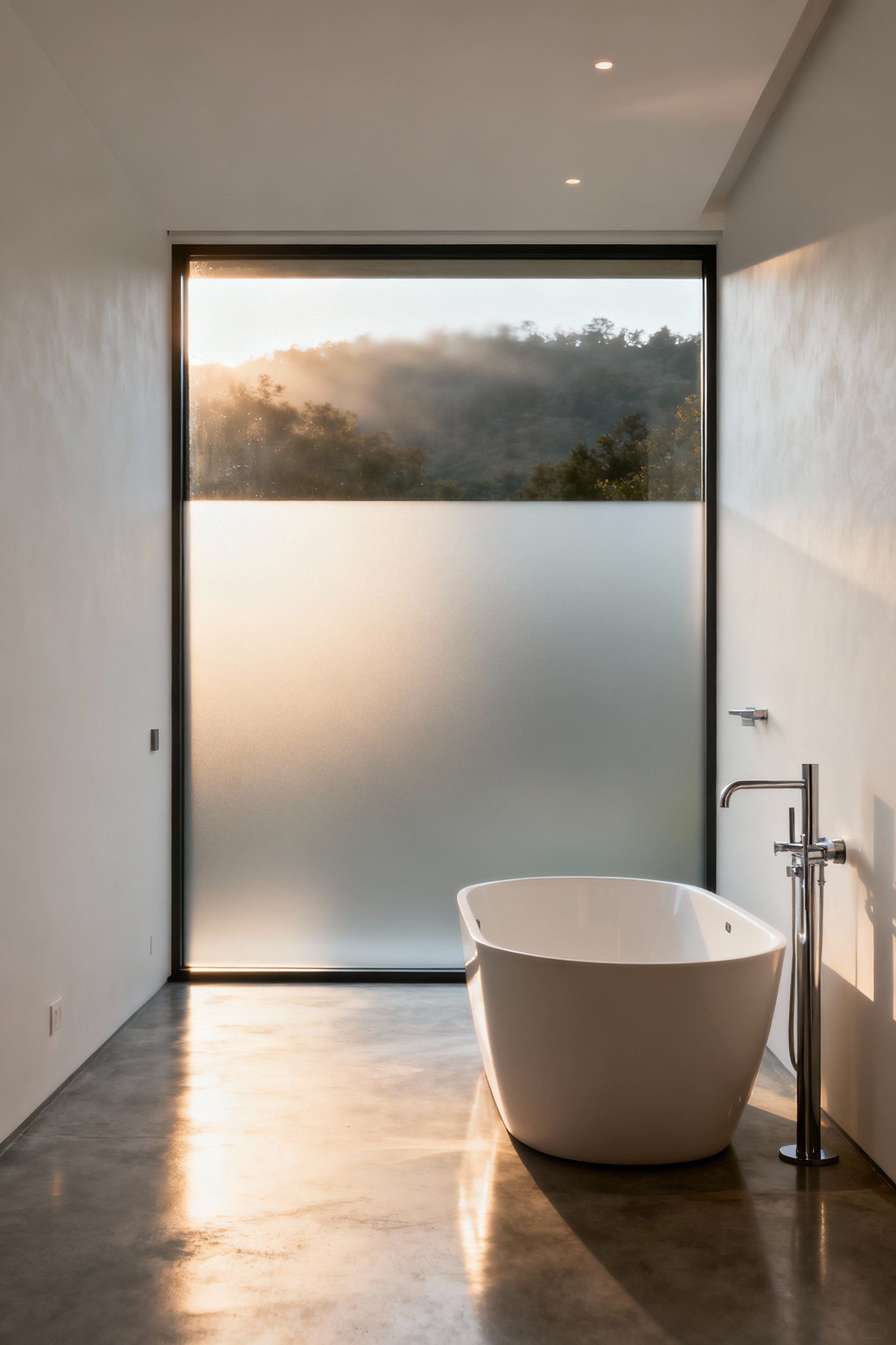 Modern bathroom with smart glazing window transitioning from clear to opaque, showcasing privacy and light control. Features a freestanding bathtub and minimalist design.