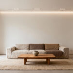 A modern living room designed with a 'slow living aesthetic,' featuring minimalist decor, natural wood furniture, organic cotton textiles, and abundant natural light creating a serene and decluttered atmosphere for presence and tranquility.