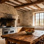 A professional photo of a historically sensitive kitchen design featuring reclaimed wood beams, natural stone countertops, and a modern range seamlessly integrated into an old stone hearth, reflecting architectural provenance and continuity.