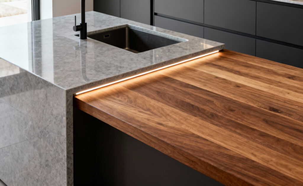 Modern kitchen island showcasing precision zoning with distinct wet and dry prep micro-regions defined by contrasting quartz and timber countertops, illuminated by subtle under-counter lighting.