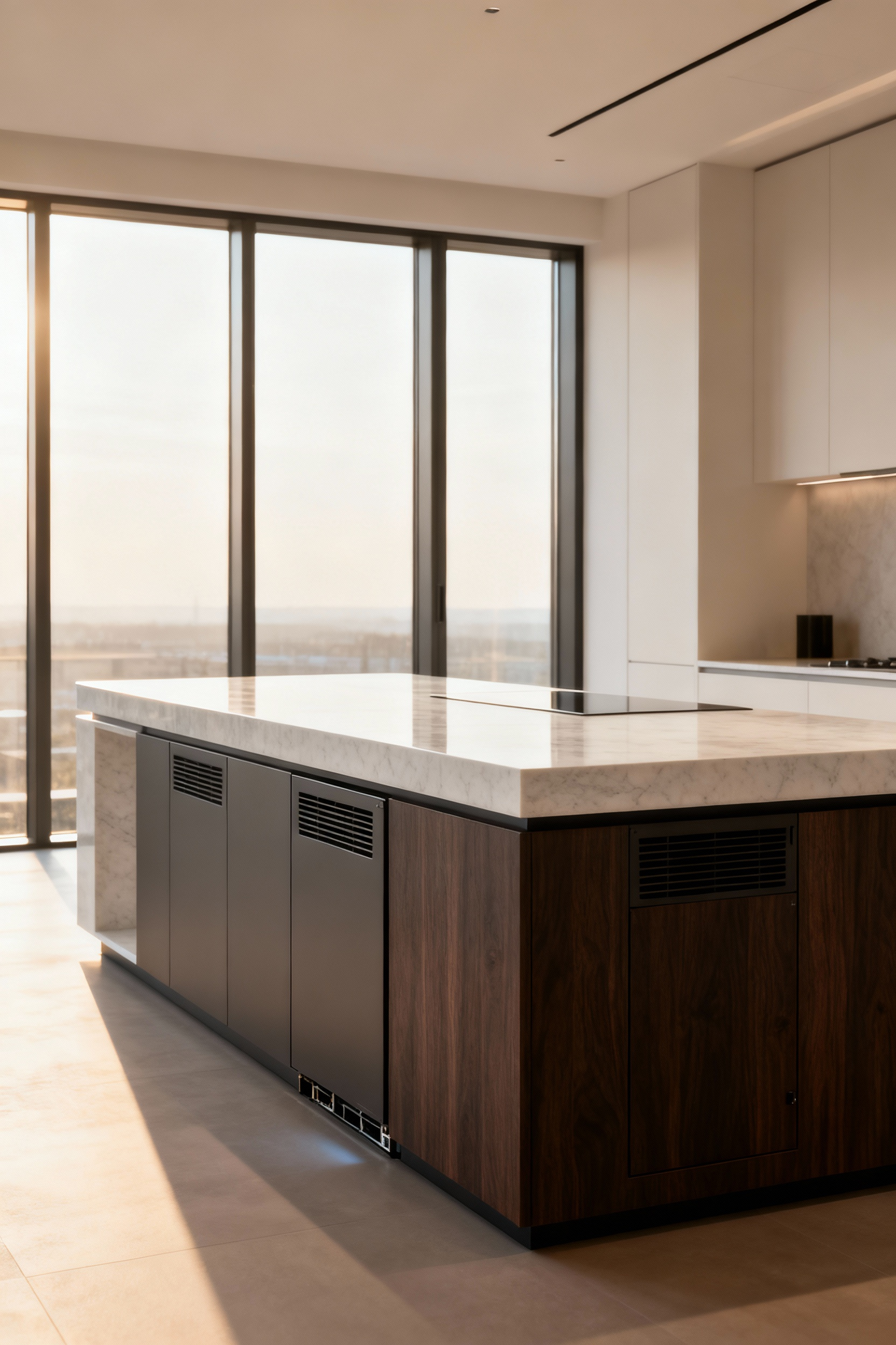 A sleek, modern kitchen island with subtly integrated, hidden infrastructure, featuring discreet access panels for future tech upgrades. The design emphasizes clean lines and modular readiness, highlighting adaptive wiring pathways for smart home technology, photographed with soft ambient lighting from a high-angle perspective.