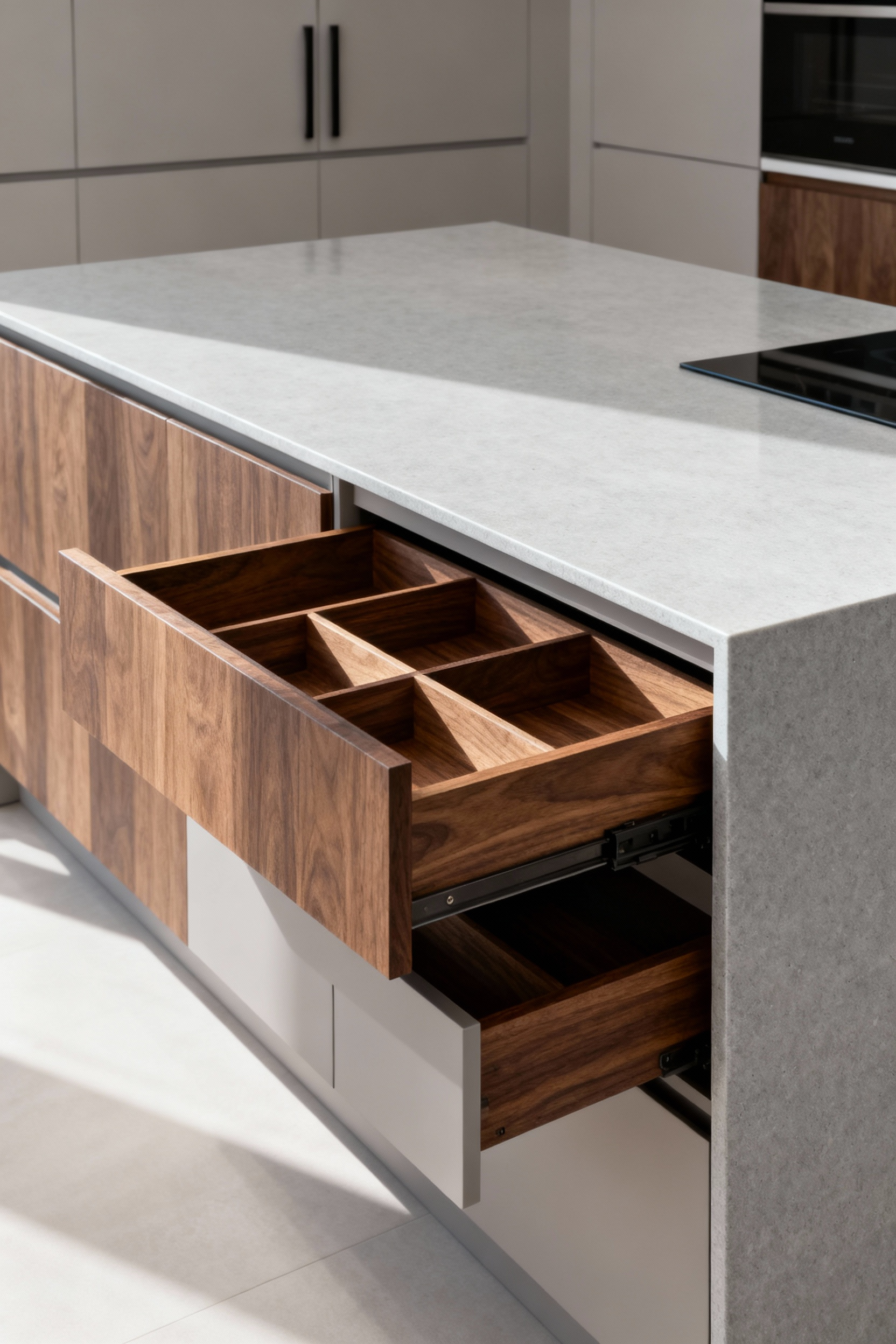 Modern kitchen island with custom joinery, showcasing a partly open bespoke pull-out drawer with integrated wooden dividers, walnut wood finish, sleek design, architectural photography, no people.
