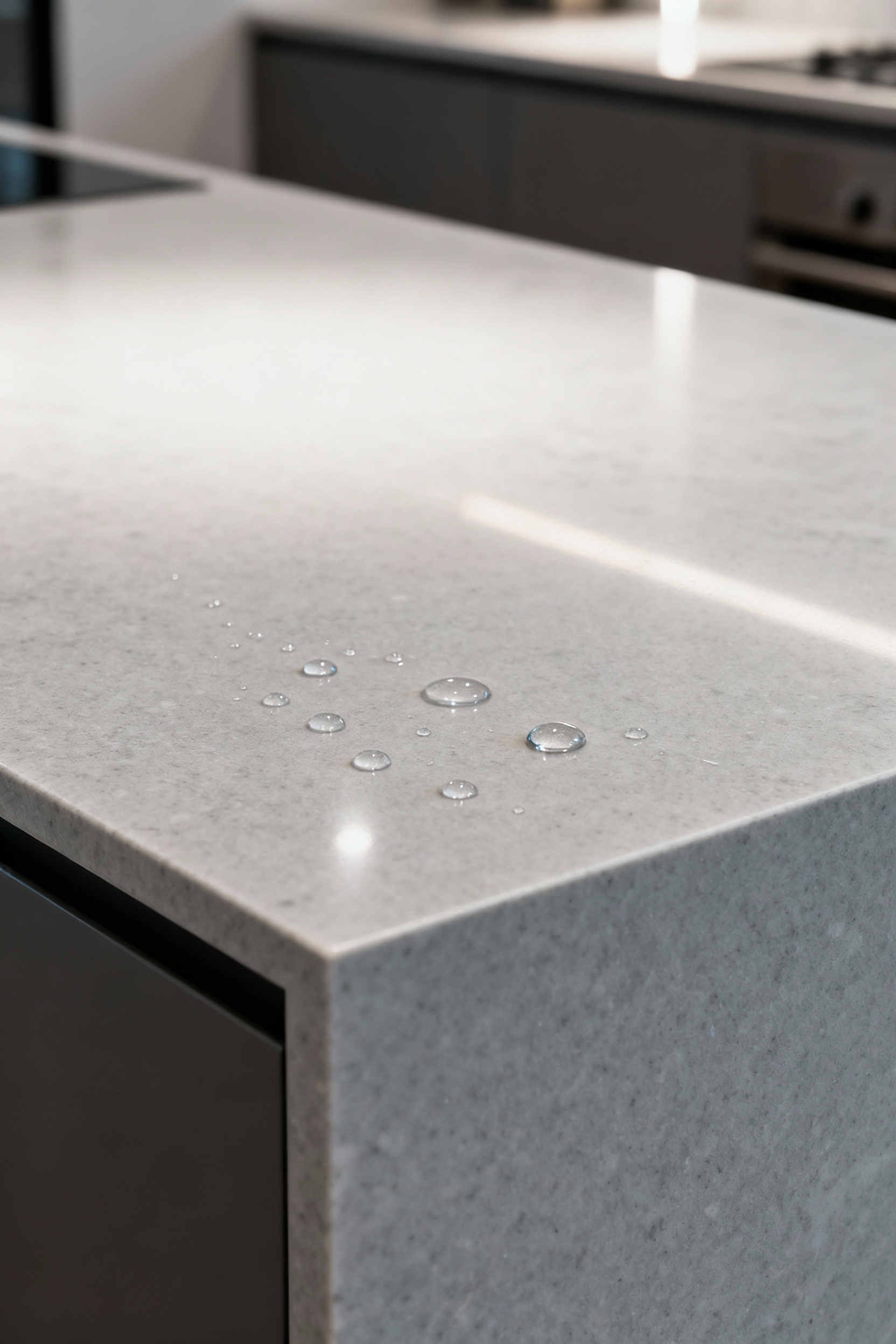 Close-up of a modern kitchen island surface with visible water beading, highlighting an advanced protective finish for enhanced durability and aesthetics.