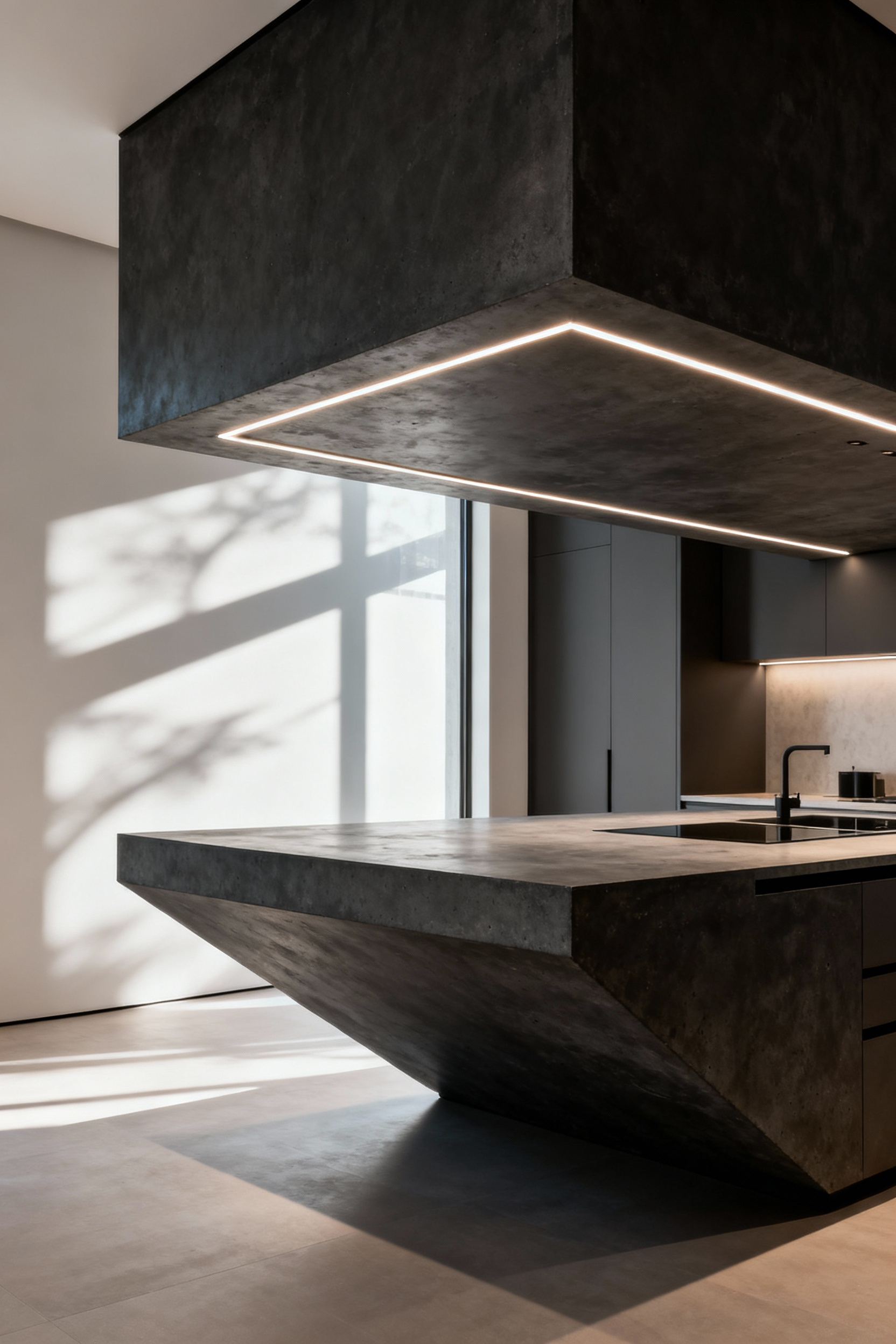 Modern kitchen with a floating, cantilevered kitchen island made of concrete, showing advanced architectural design.