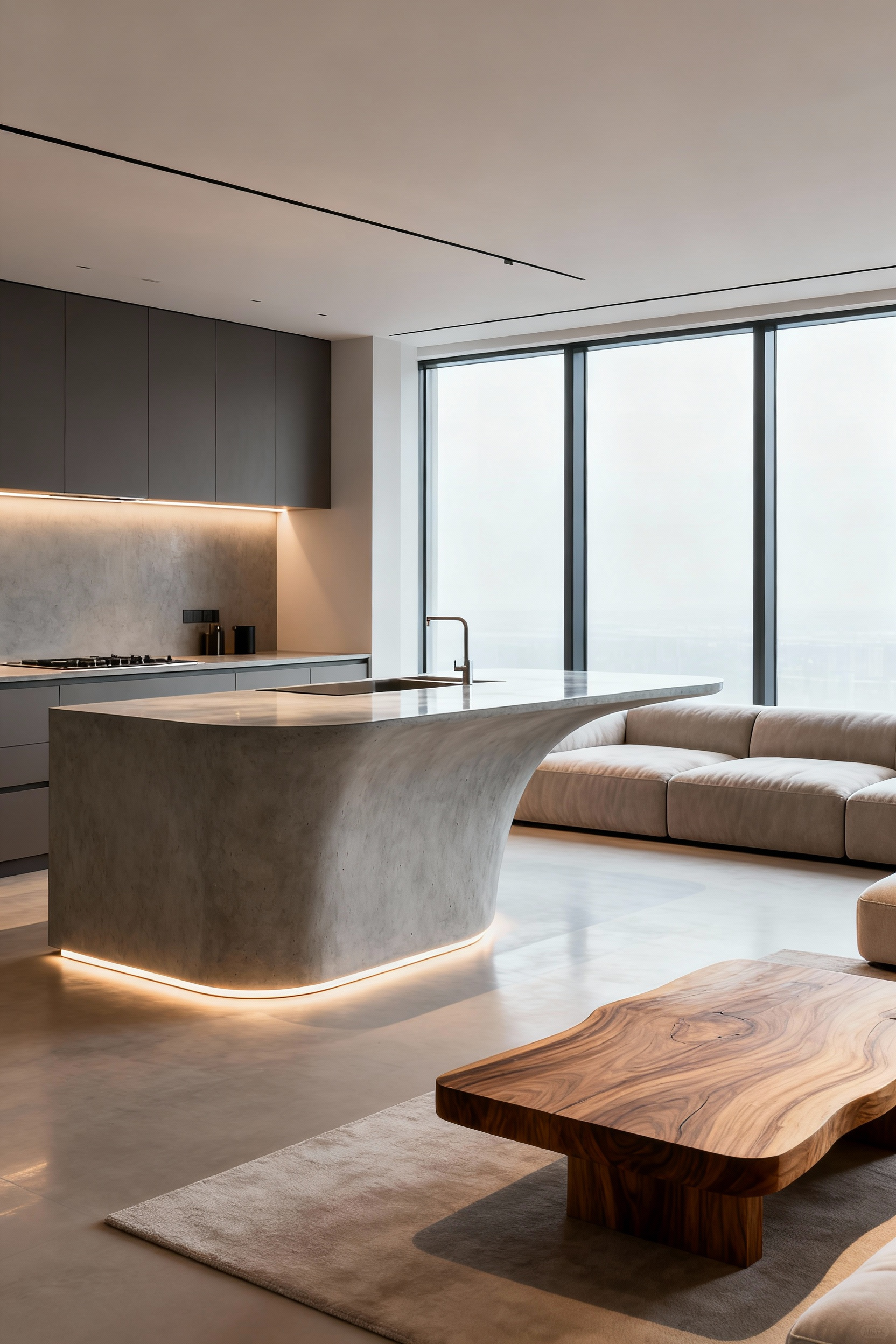 A modern kitchen island design showcasing optimized transitional space for seamless kitchen-living interaction, featuring a concrete island and an open-plan layout.