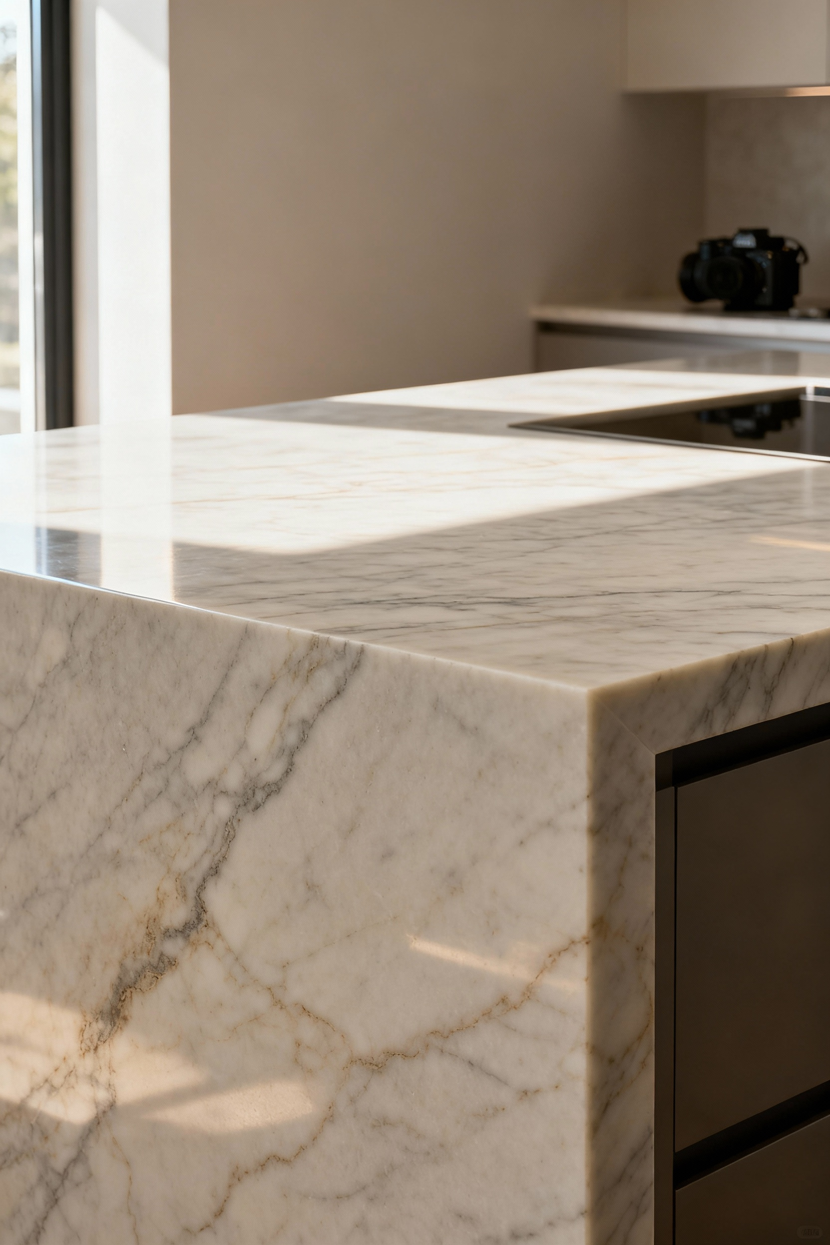 Close-up of a modern kitchen island's honed Carrara marble countertop, showing subtle etchings and soft stains, highlighting its natural and authentic patina.