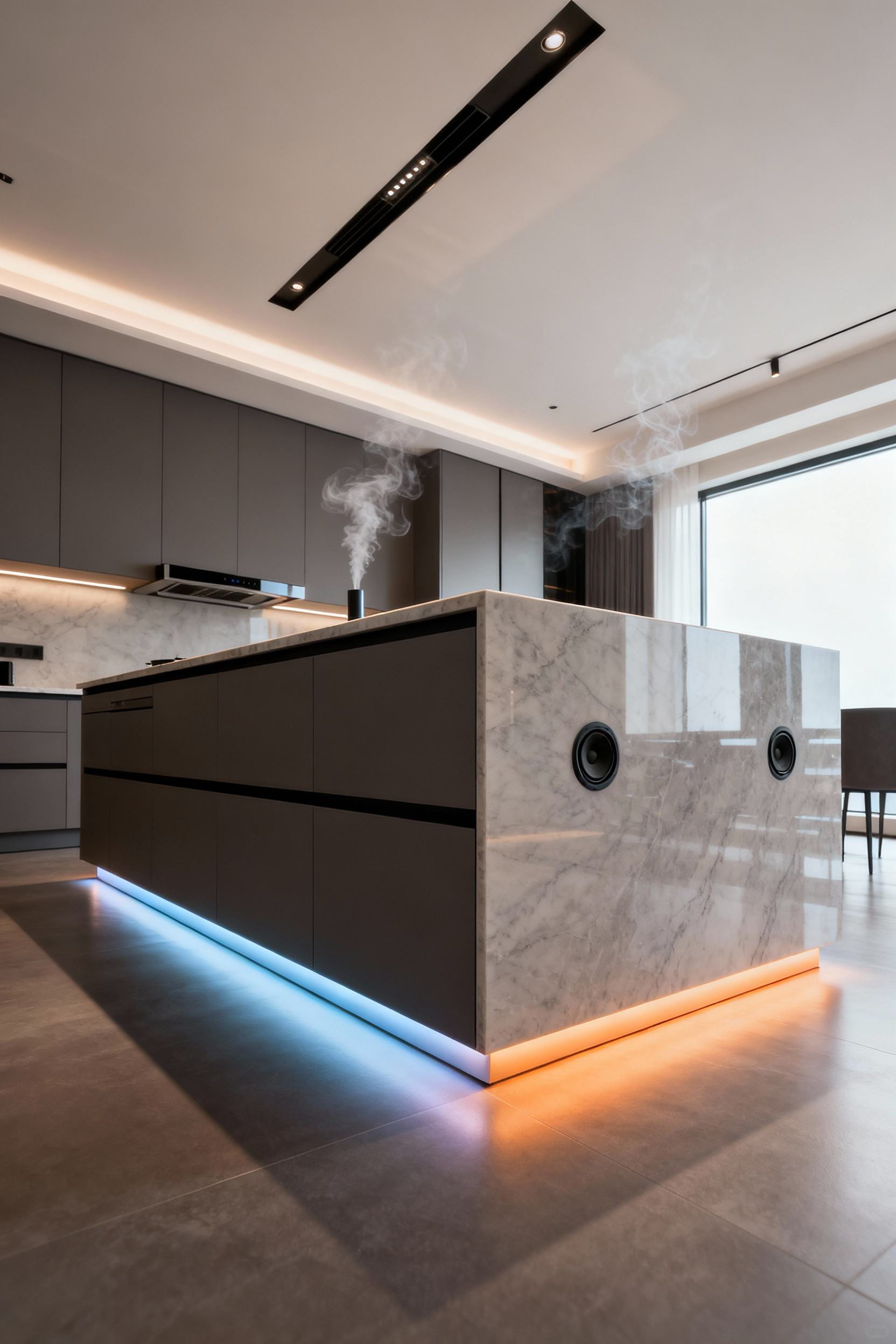 Modern kitchen island with integrated hidden ventilation, subtle scent diffusers, and flush-mounted speakers, showcasing smart sensory control in a sleek design, portrait orientation.