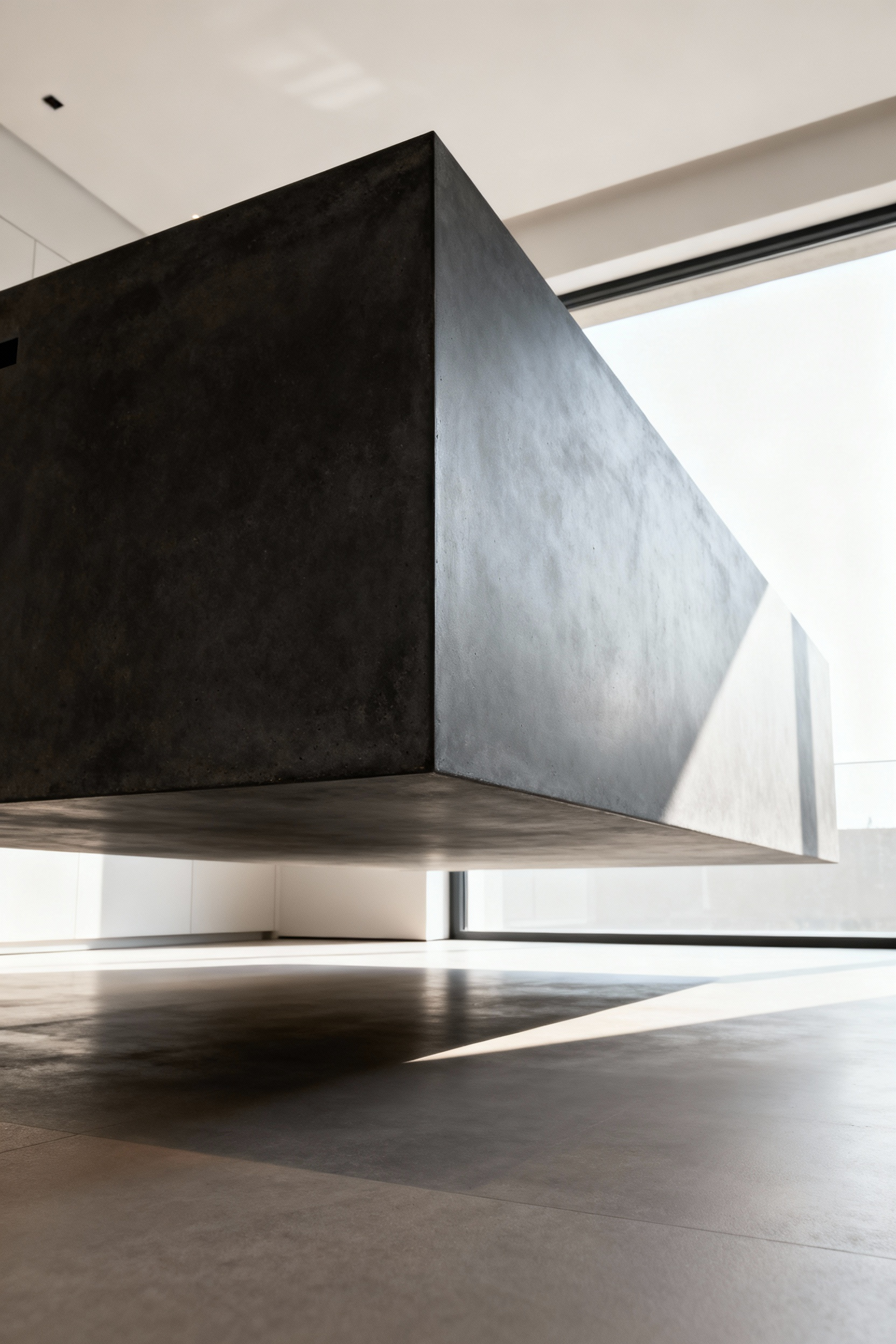 Modern kitchen island made of dark polished concrete, floating effortlessly, highlighting advanced structural anchoring for enduring stability and aesthetic cohesion.