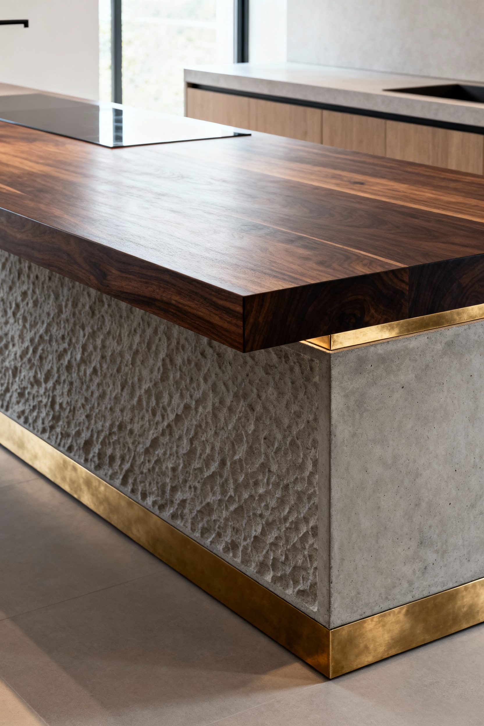 A modern bespoke kitchen island featuring a seamless blend of dark polished wood, textured concrete, and subtle brushed brass inlays, highlighting exquisite material craftsmanship.