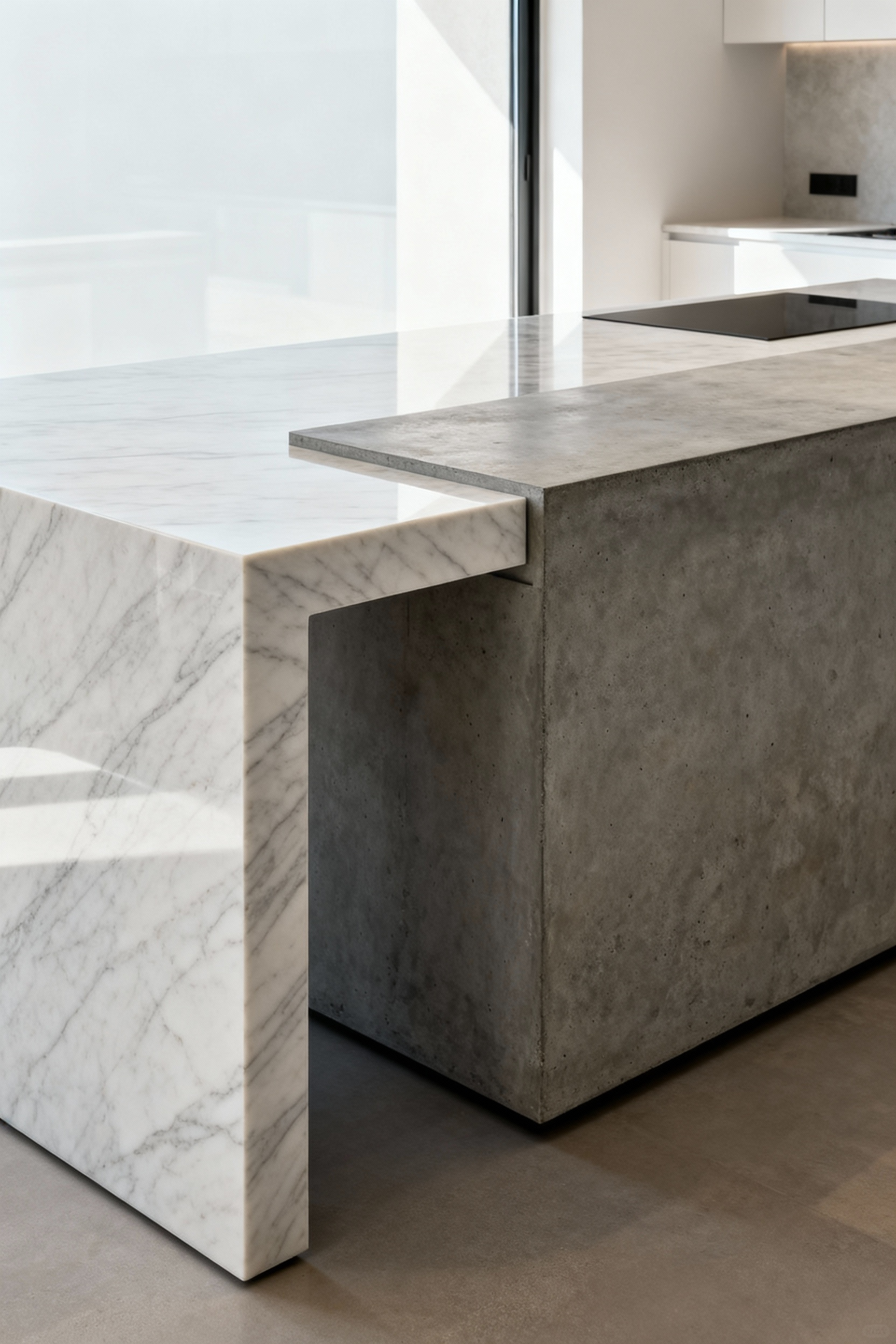 Modern kitchen island countertop featuring a luxurious blend of engineered quartz and polished concrete, showcasing durable surfaces and sophisticated textures. Emphasizes strategic material choice for aesthetic and functional longevity.