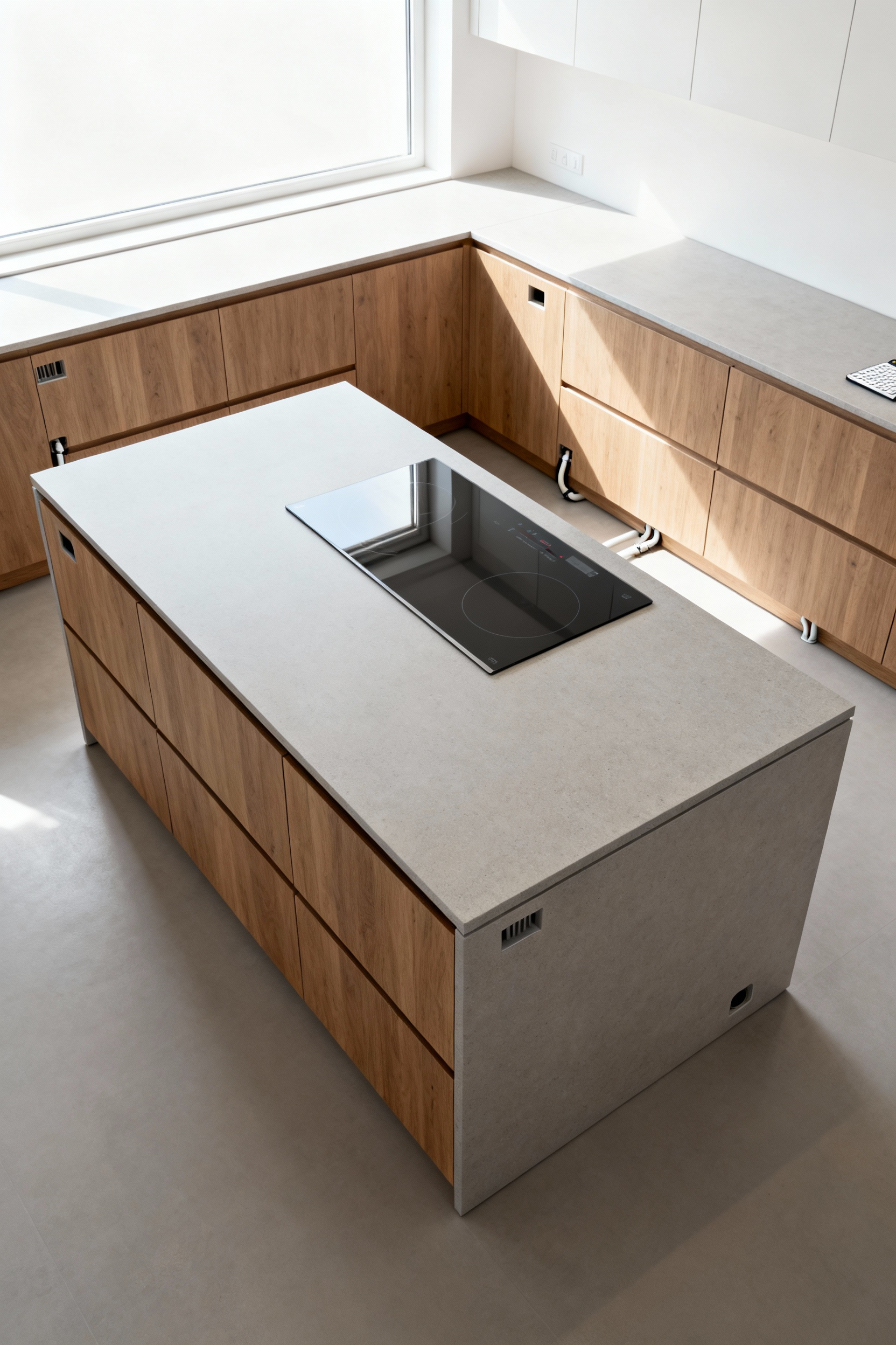 A professional, modern kitchen island with sintered stone countertops and modular wood cabinetry, showing features for lifecycle design and adaptability.