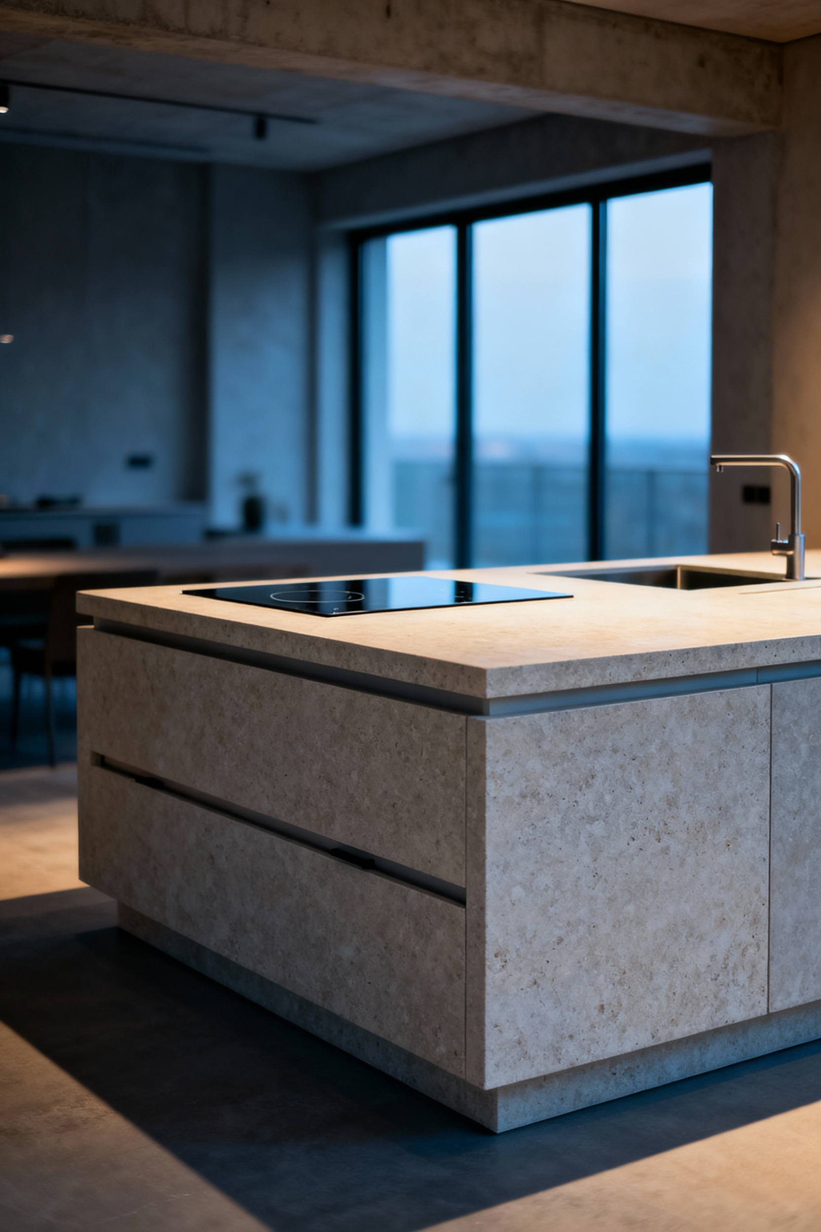 A minimalist kitchen island made of a single slab of honed natural stone with flush integrated appliances and seamless storage, set in a modern, open-plan kitchen with soft natural light.