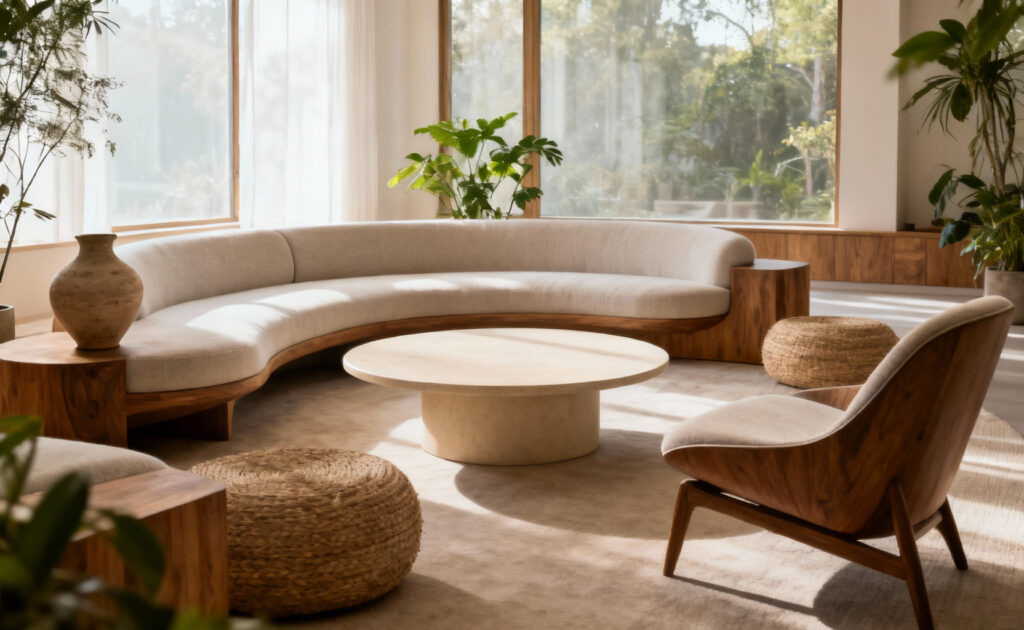 Thoughtfully designed living room with harmonious furniture selection, emphasizing natural materials, balanced forms, and clear pathways under soft natural light, conveying energetic resonance and well-being.