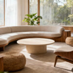 Thoughtfully designed living room with harmonious furniture selection, emphasizing natural materials, balanced forms, and clear pathways under soft natural light, conveying energetic resonance and well-being.