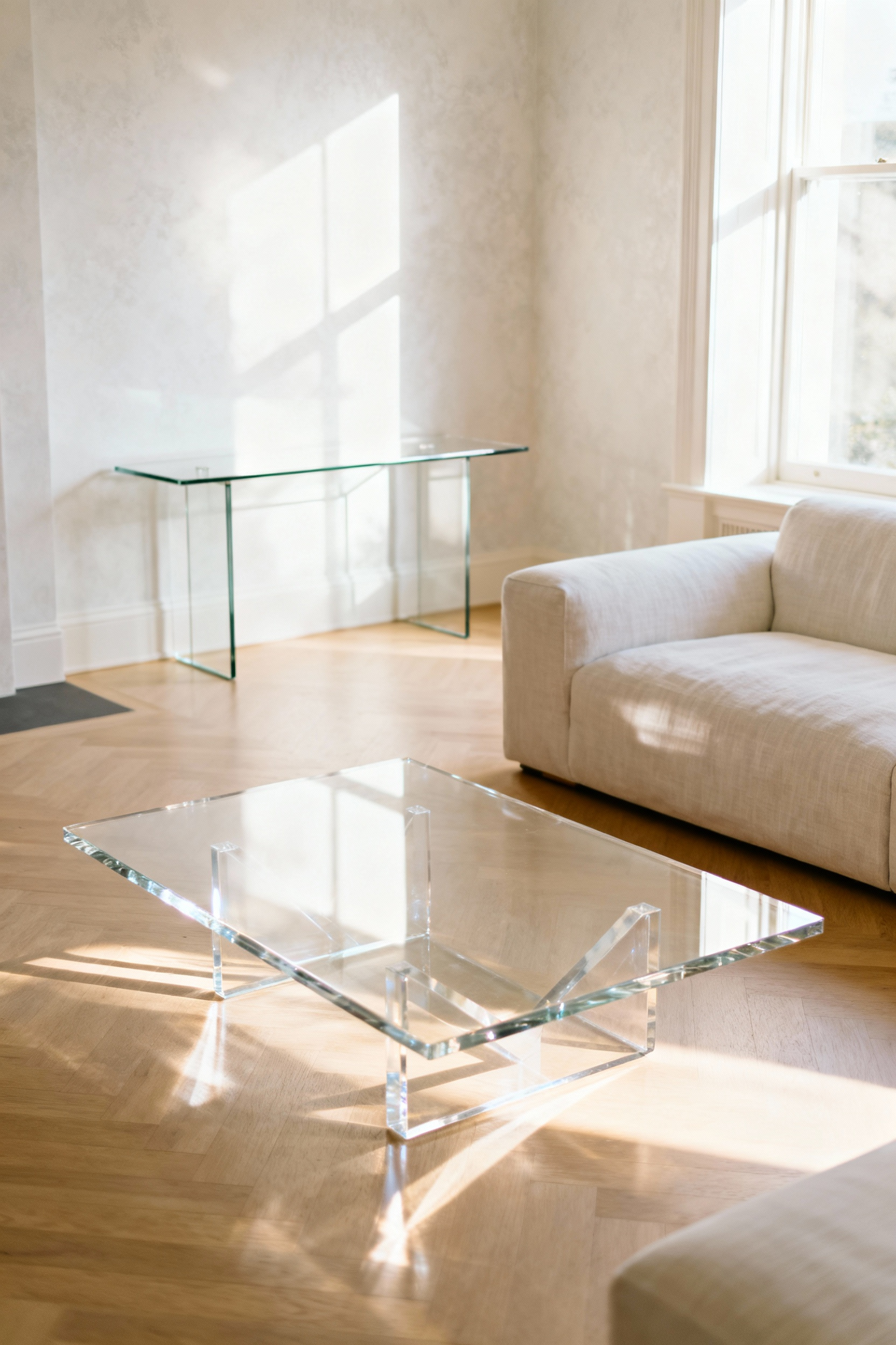 Serene living room with transparent acrylic coffee table and glass console, reflecting natural light, featuring minimalist decor and light textures. Acrylic and glass furnishings.