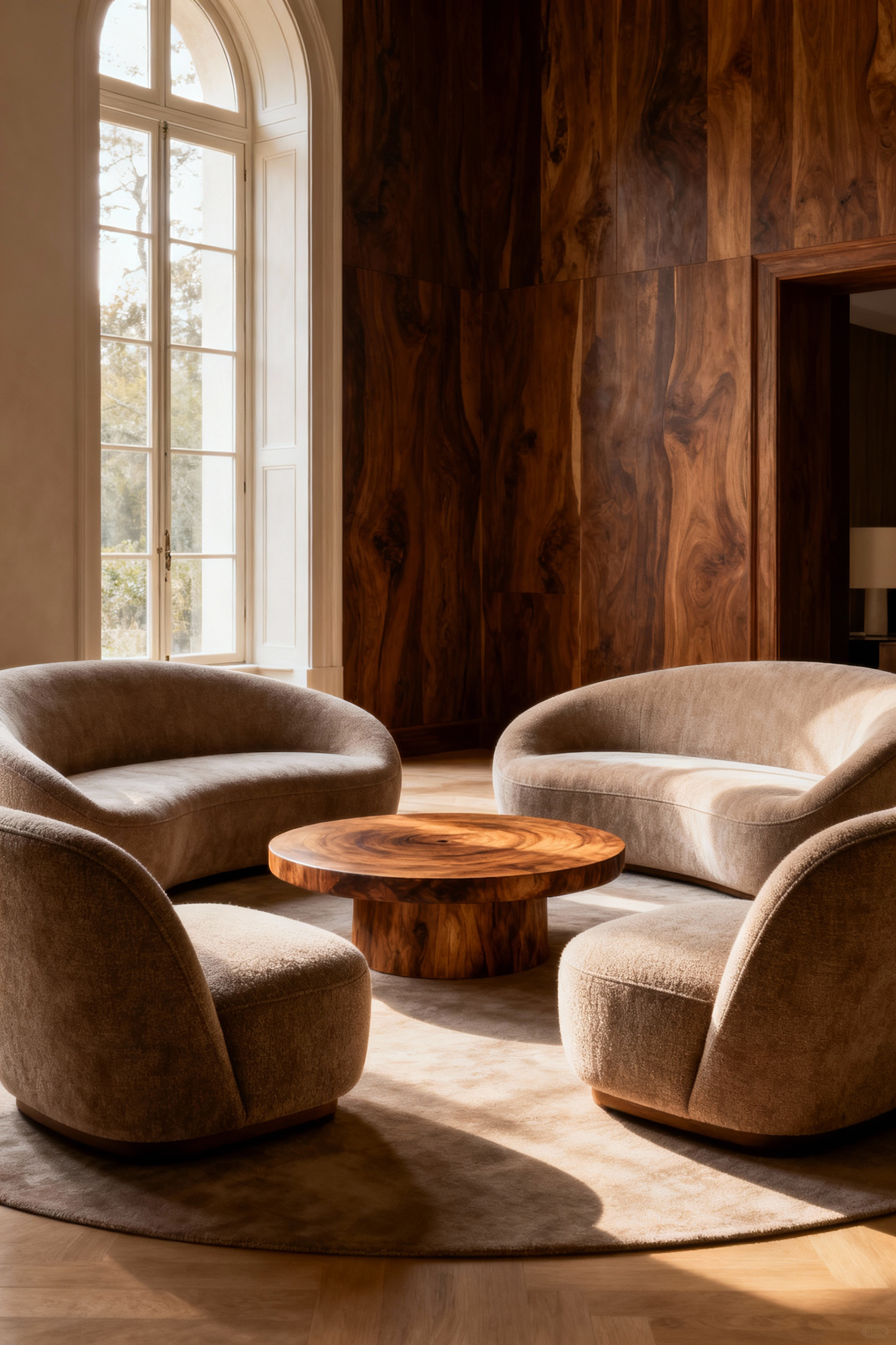 Modern living room with curvilinear sofas and accent chairs arranged in a circular conversational grouping around a round coffee table, fostering social interaction.