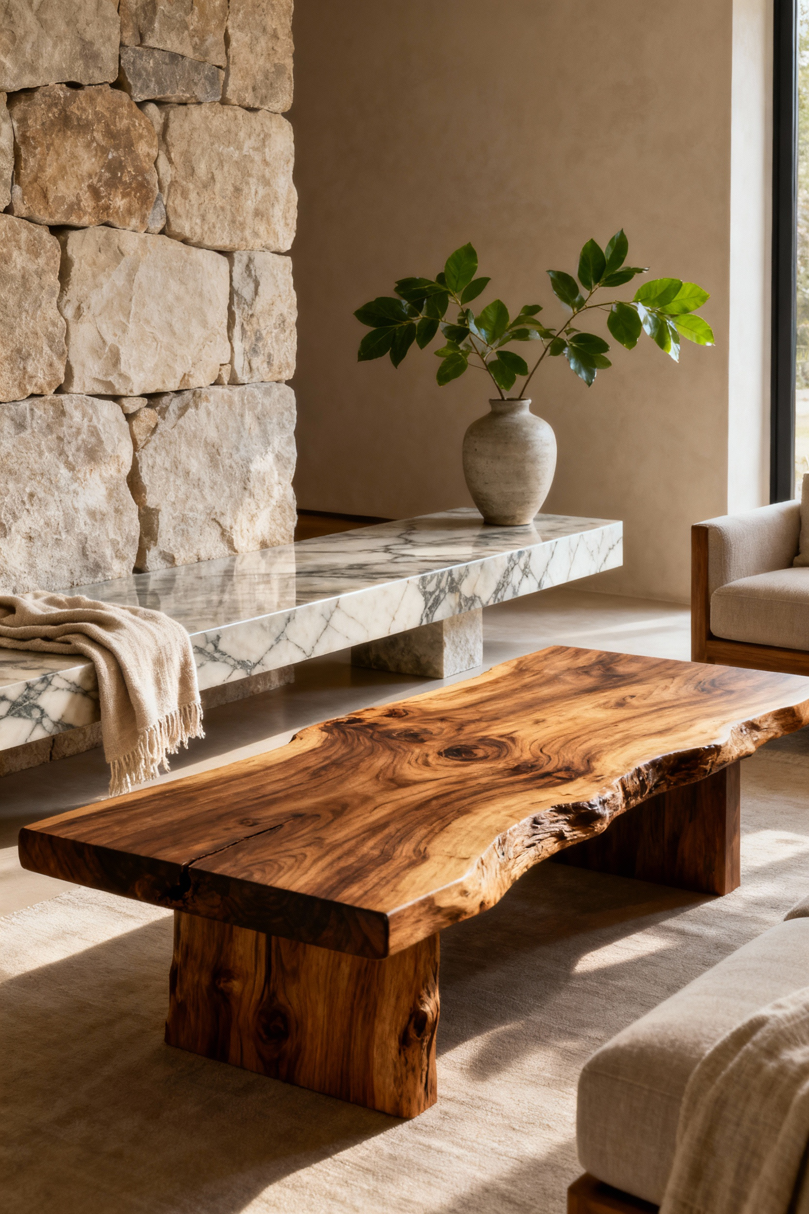Living room with natural solid timber coffee table and stone console, bathed in natural light. Meditative, earthy interior design.