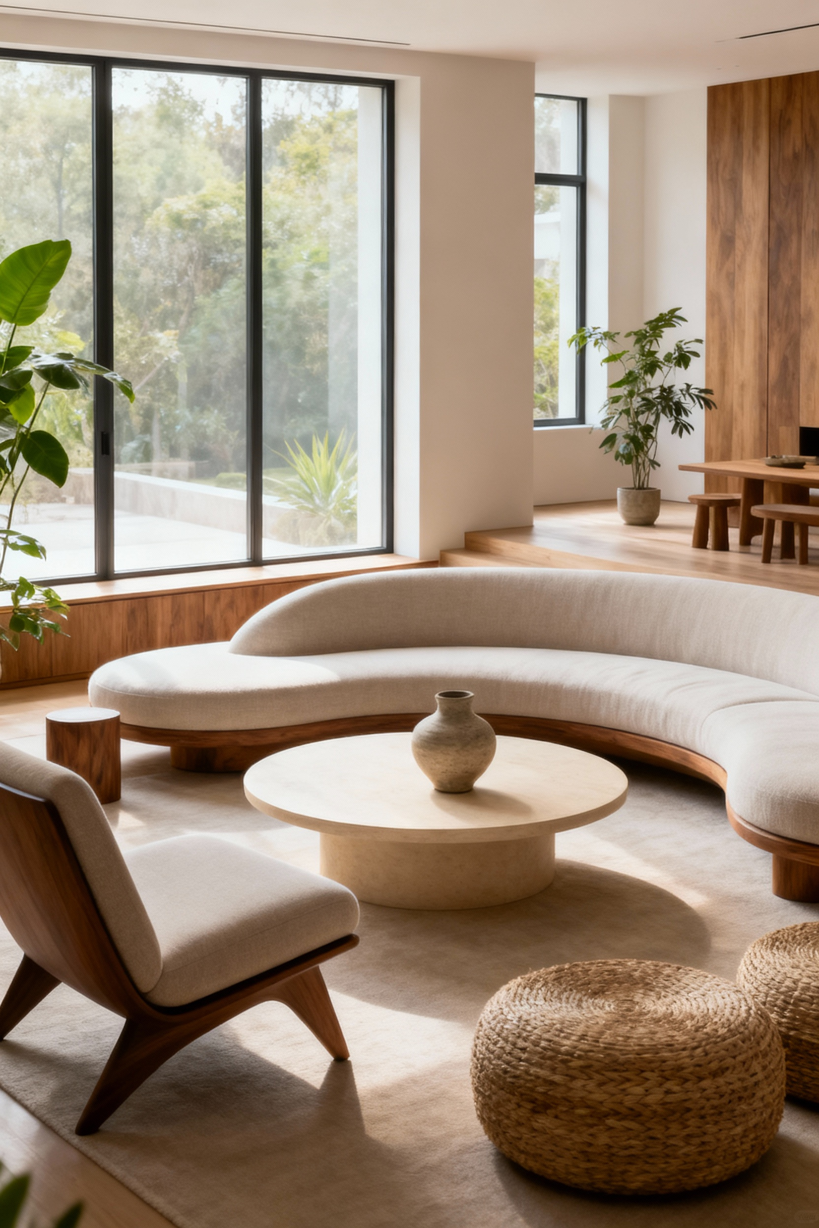 Thoughtfully designed living room with harmonious furniture selection, emphasizing natural materials, balanced forms, and clear pathways under soft natural light, conveying energetic resonance and well-being.