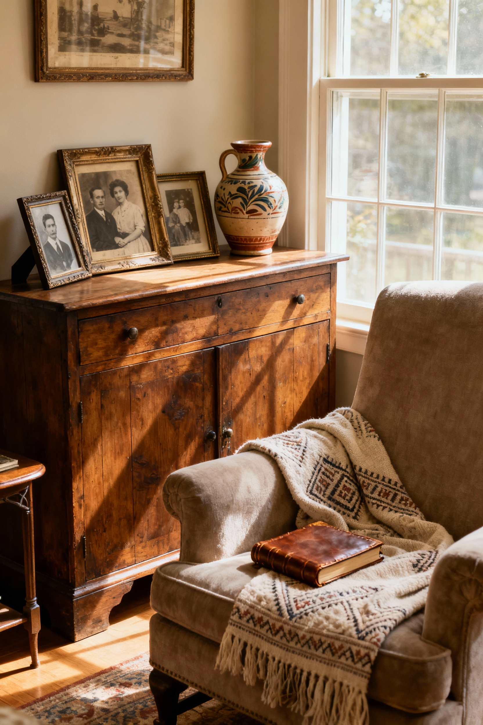 A beautifully curated living room featuring a vintage credenza displaying family photos, an armchair with a throw blanket, and warm, inviting lighting, reflecting a personal narrative and emotional anchoring.