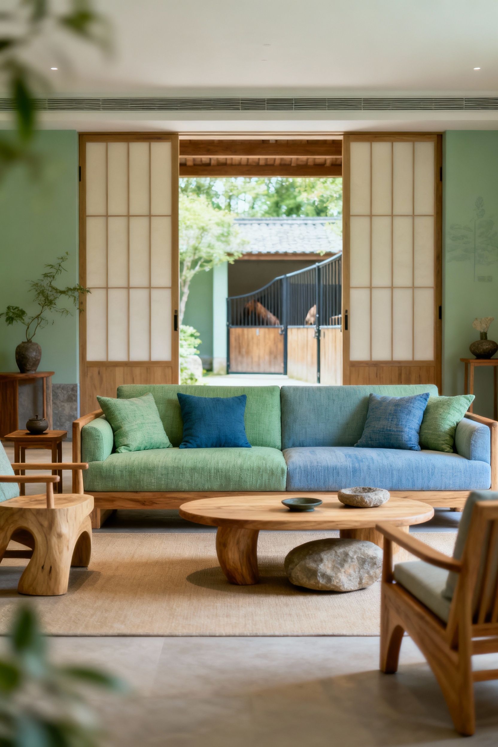 Portrait of a balanced and serene Feng Shui living room with natural light, thoughtful furniture arrangement in a commanding position, and clear pathways, designed to optimize Chi flow for vitality and harmony.