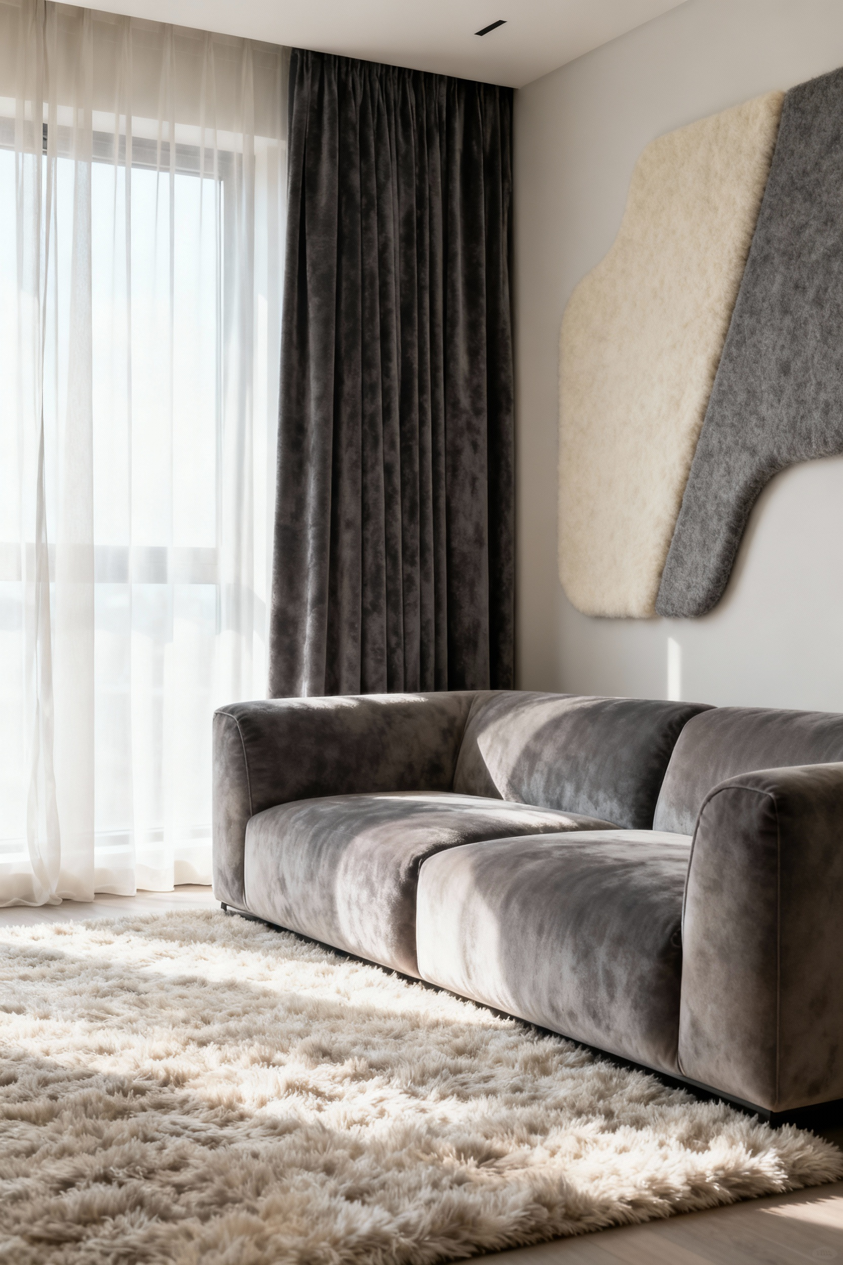 Modern living room featuring a plush, upholstered sofa, a thick area rug, heavy drapes, and decorative felt acoustic wall panels, demonstrating acoustic-absorbing furniture.