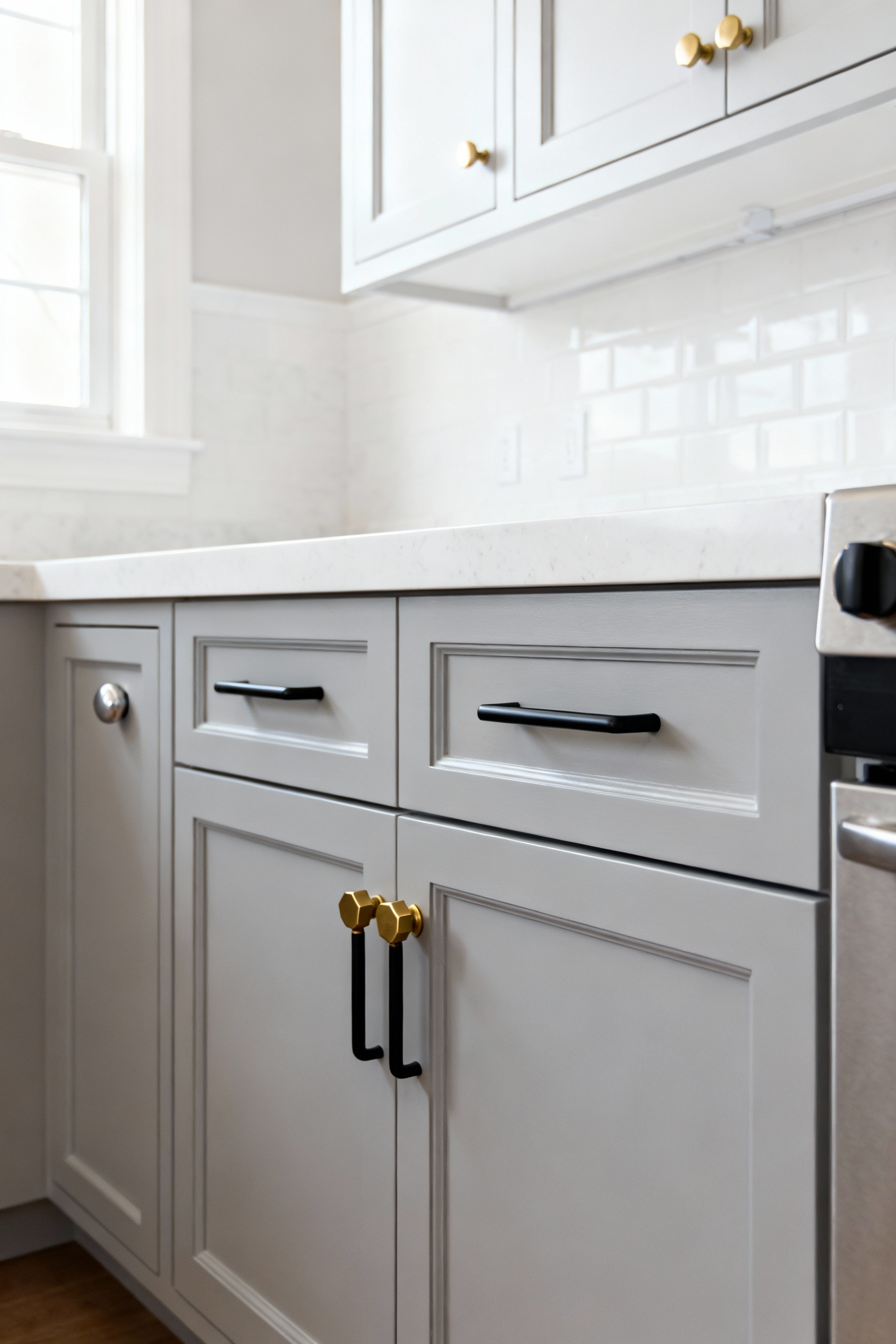 A full view of a light grey kitchen cabinet wall featuring a mix of standard silver knobs and upgraded matte black and brass decorative cabinet hardware demonstrating an easy renter-friendly transformation.