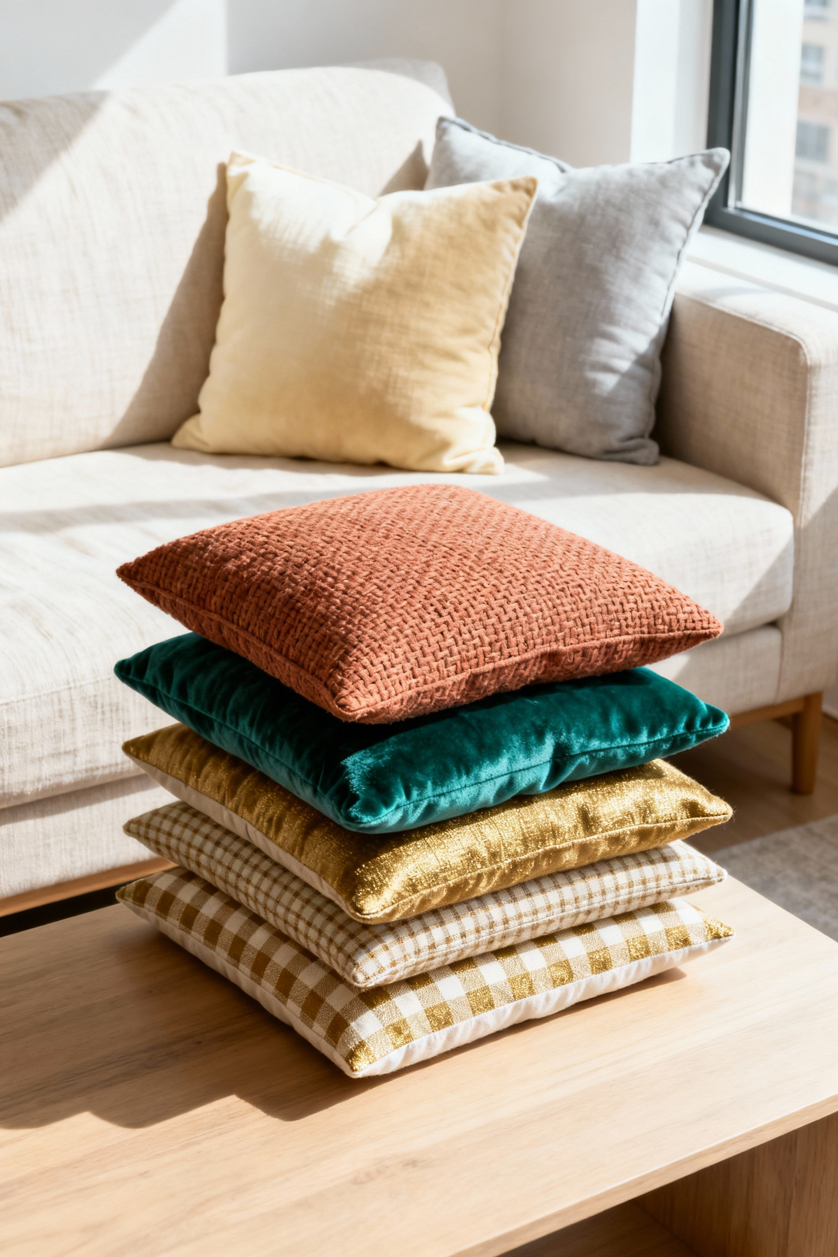 Organized apartment living room with neutral sofa anchor pillows and a stack of neatly folded, colorful seasonal pillow covers on a side table, illustrating space-saving decor swaps.